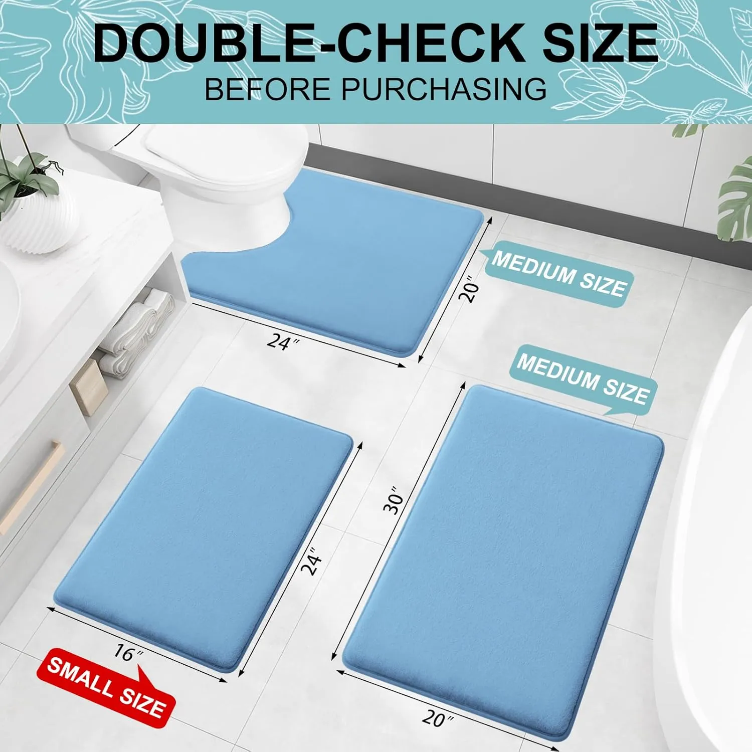 Smiry Memory Foam Bath Mat 24x16, Extra Soft and Absorbent Bathroom Mats, Non Slip Washable Carpet for Floor, Shower and Tub, Blue