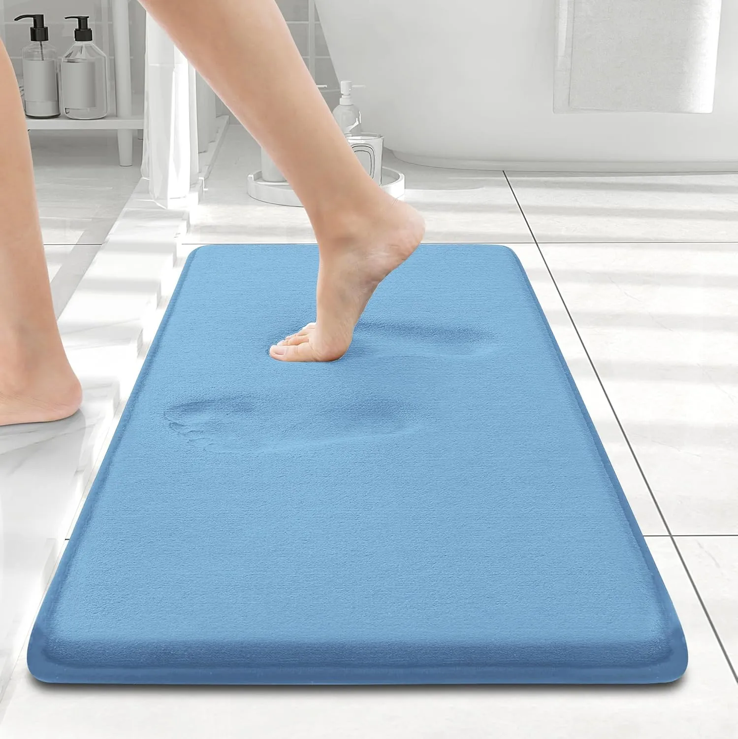 Smiry Memory Foam Bath Mat 24x16, Extra Soft and Absorbent Bathroom Mats, Non Slip Washable Carpet for Floor, Shower and Tub, Blue