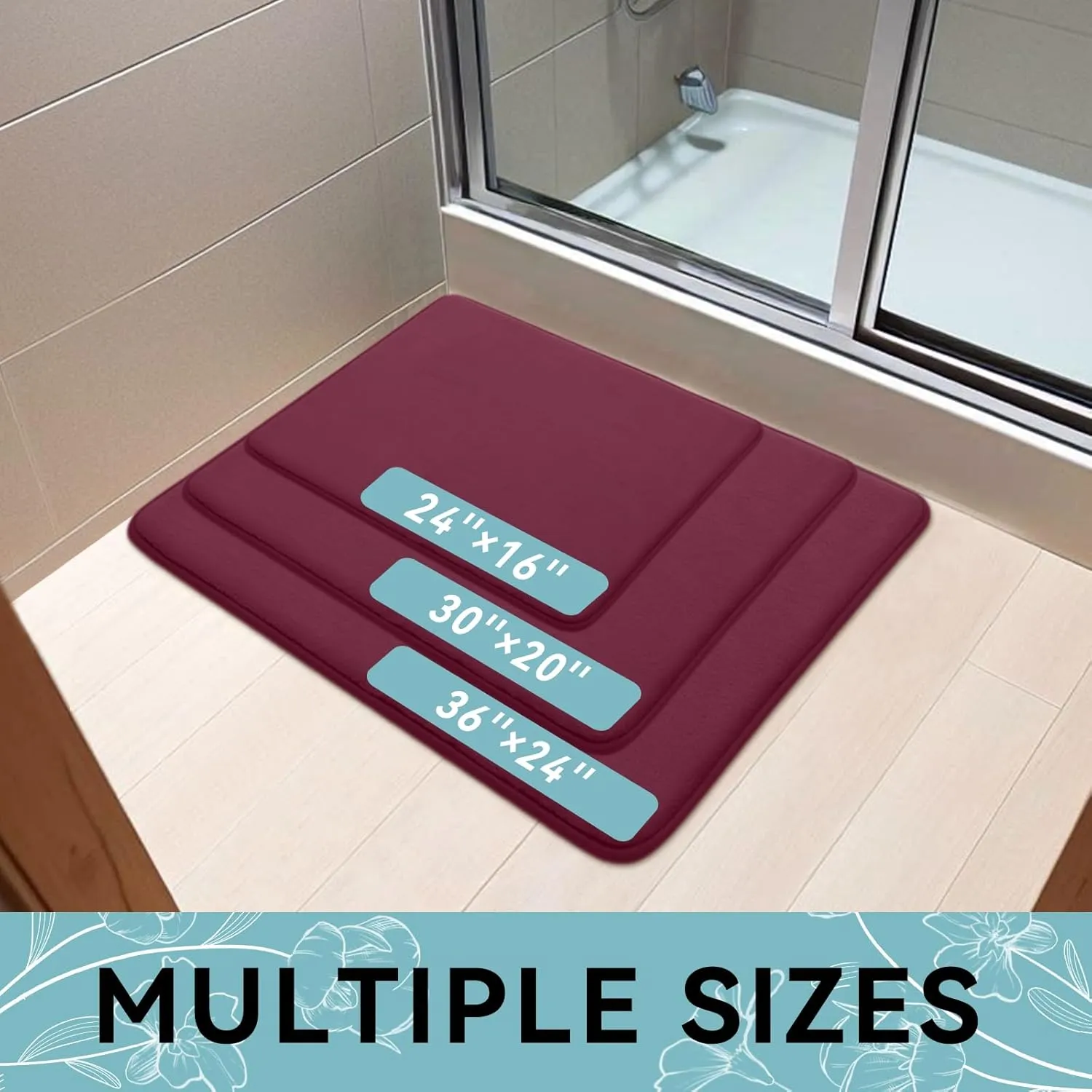 Smiry Memory Foam Bath Mat 30x20, Extra Soft and Absorbent Bathroom Mats, Non Slip Washable Carpet for Floor, Shower and Tub, Burgundy