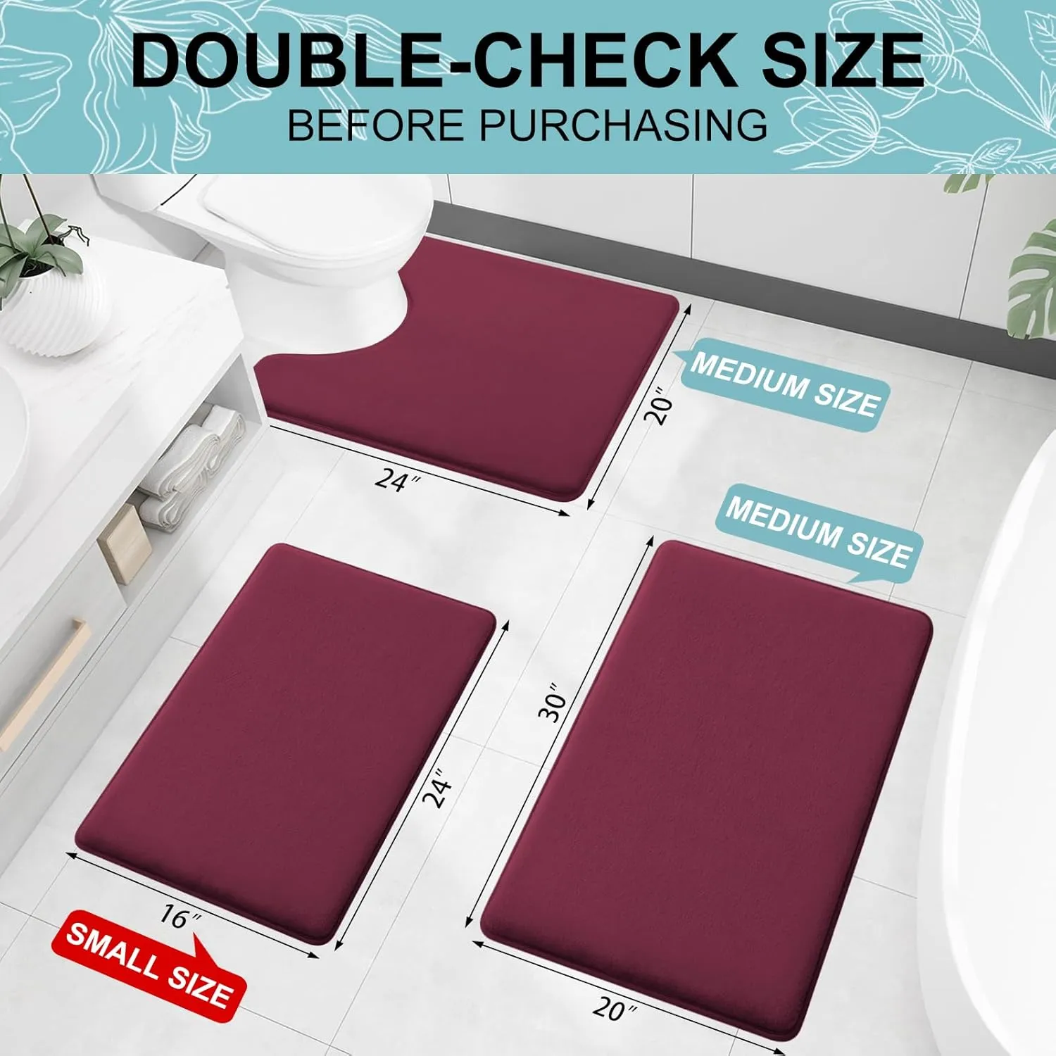 Smiry Memory Foam Bath Mat 30x20, Extra Soft and Absorbent Bathroom Mats, Non Slip Washable Carpet for Floor, Shower and Tub, Burgundy