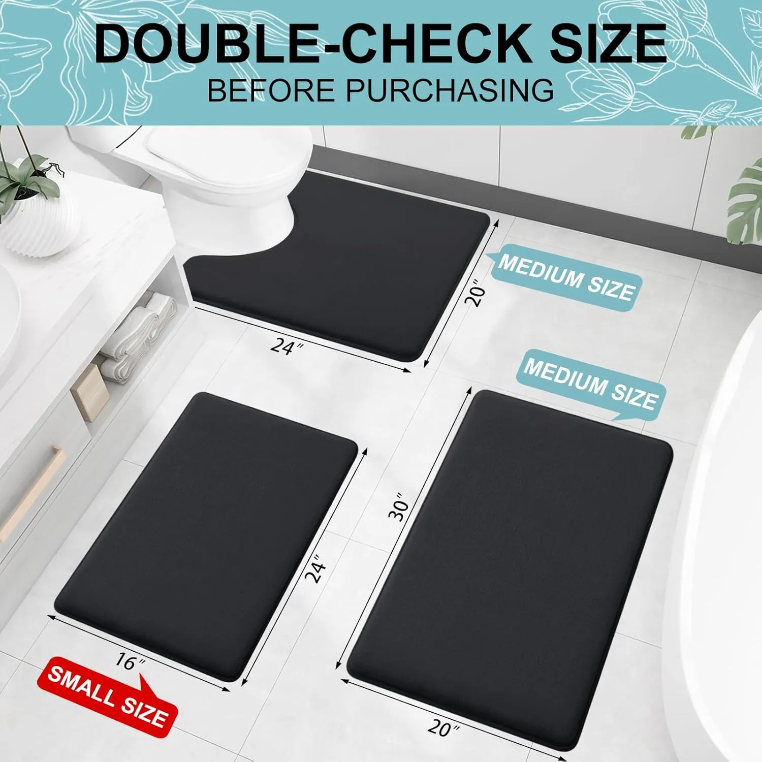 Smiry Memory Foam Bath Mat 70x24, Extra Soft and Absorbent Bathroom Mats, Non Slip Washable Carpet for Floor, Shower and Tub, Black