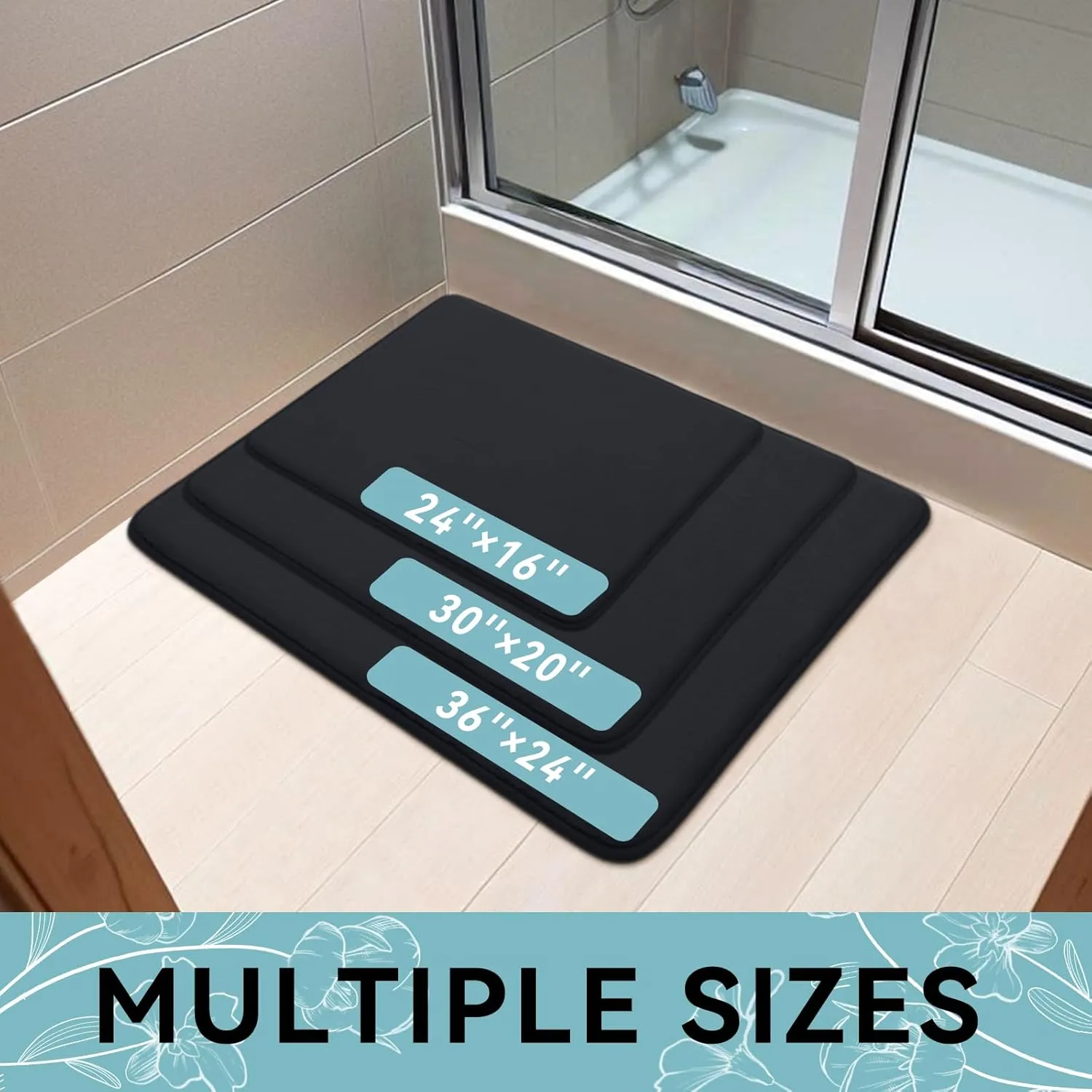 Smiry Memory Foam Bath Mat 70x24, Extra Soft and Absorbent Bathroom Mats, Non Slip Washable Carpet for Floor, Shower and Tub, Black