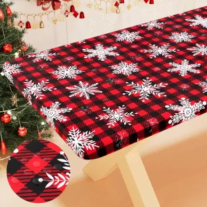 Smiry Plastic Christmas Tablecloth, Buffalo Plaid Waterproof Elastic Fitted Table Covers, Wipeable Flannel Backed Vinyl Tablecloths for Dinner, and New Year Celebration (Black & Red, 30x72 Inches)