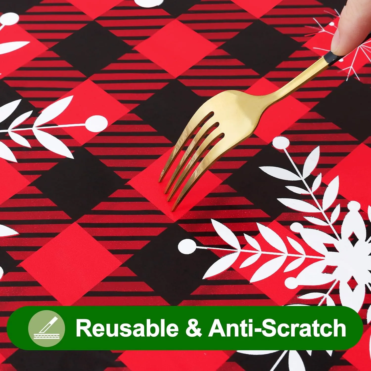 Smiry Plastic Christmas Tablecloth, Buffalo Plaid Waterproof Elastic Fitted Table Covers, Wipeable Flannel Backed Vinyl Tablecloths for Dinner, and New Year Celebration (Black & Red, 30x72 Inches)