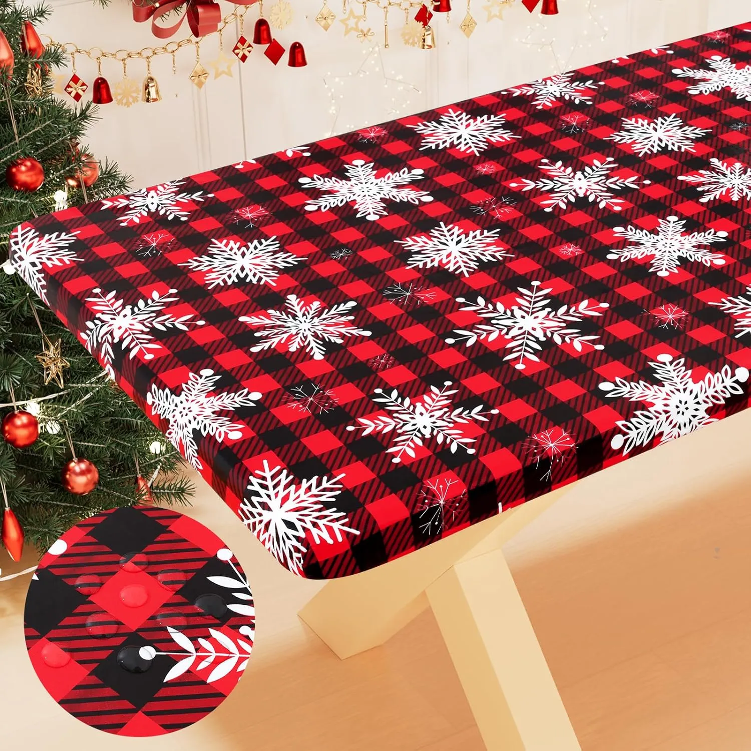 Smiry Plastic Christmas Tablecloth, Buffalo Plaid Waterproof Elastic Fitted Table Covers, Wipeable Flannel Backed Vinyl Tablecloths for Dinner, and New Year Celebration (Black & Red, 30x72 Inches)