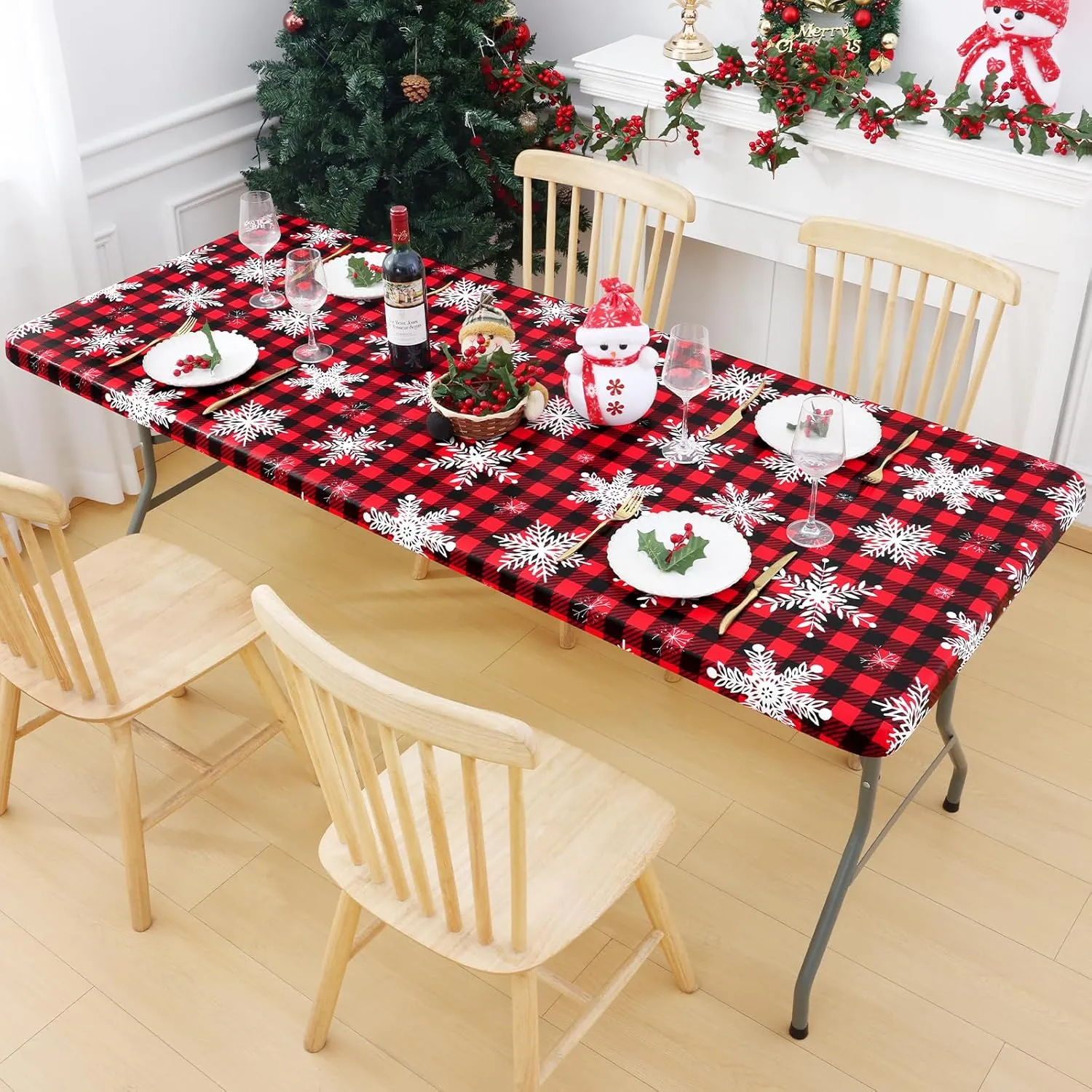 Smiry Plastic Christmas Tablecloth, Buffalo Plaid Waterproof Elastic Fitted Table Covers, Wipeable Flannel Backed Vinyl Tablecloths for Dinner, and New Year Celebration (Black & Red, 30x72 Inches)
