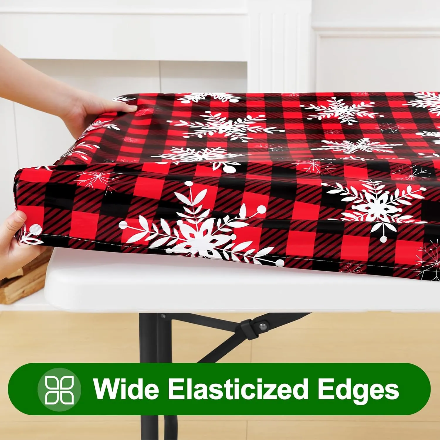 Smiry Plastic Christmas Tablecloth, Buffalo Plaid Waterproof Elastic Fitted Table Covers, Wipeable Flannel Backed Vinyl Tablecloths for Dinner, and New Year Celebration (Black & Red, 30x72 Inches)
