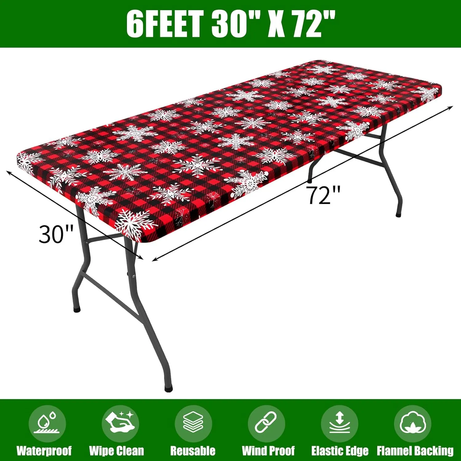 Smiry Plastic Christmas Tablecloth, Buffalo Plaid Waterproof Elastic Fitted Table Covers, Wipeable Flannel Backed Vinyl Tablecloths for Dinner, and New Year Celebration (Black & Red, 30x72 Inches)