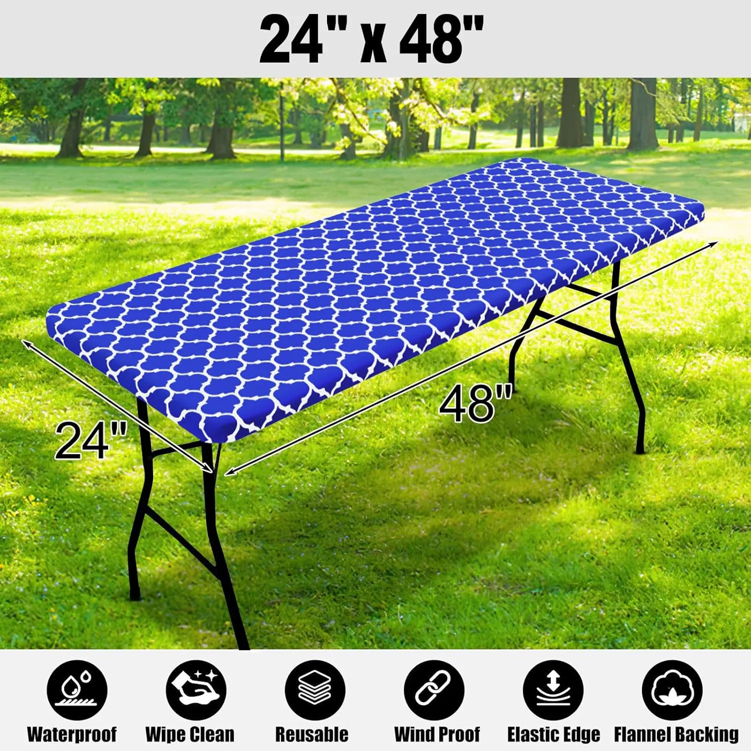 Smiry Rectangle Picnic Table Cover, Waterproof Elastic Fitted Camping Tablecloths for 4 Foot Tables, Wipeable Flannel Backed Vinyl Tablecloth Protector for Indoor, Outdoor (Blue, 24x48 Inches)