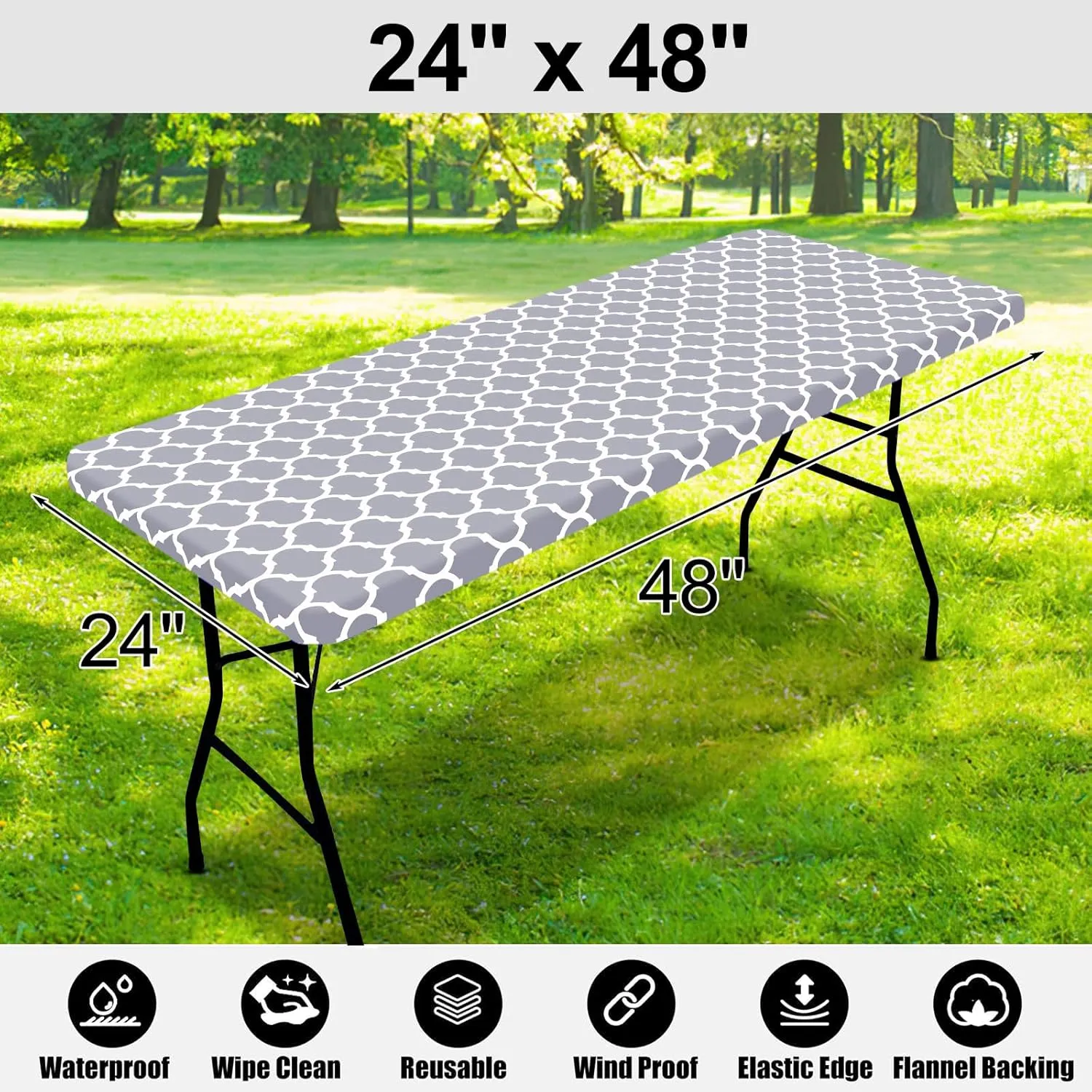 Smiry Rectangle Picnic Table Cover, Waterproof Elastic Fitted Camping Tablecloths for 4 Foot Tables, Wipeable Flannel Backed Vinyl Tablecloth Protector for Indoor, Outdoor (Grey, 24x48 Inches)