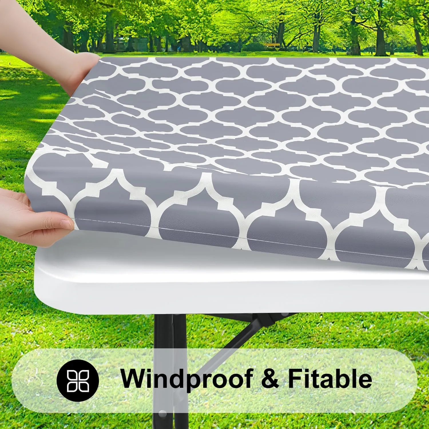 Smiry Rectangle Picnic Table Cover, Waterproof Elastic Fitted Camping Tablecloths for 4 Foot Tables, Wipeable Flannel Backed Vinyl Tablecloth Protector for Indoor, Outdoor (Grey, 24x48 Inches)