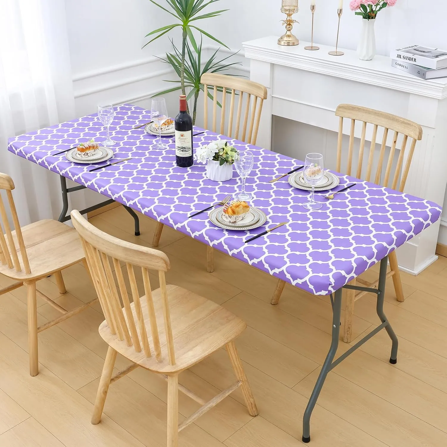 Smiry Rectangle Picnic Table Cover, Waterproof Elastic Fitted Camping Tablecloths for 4 Foot Tables, Wipeable Flannel Backed Vinyl Tablecloth Protector for Indoor, Outdoor (Lavender, 24x48 Inches)