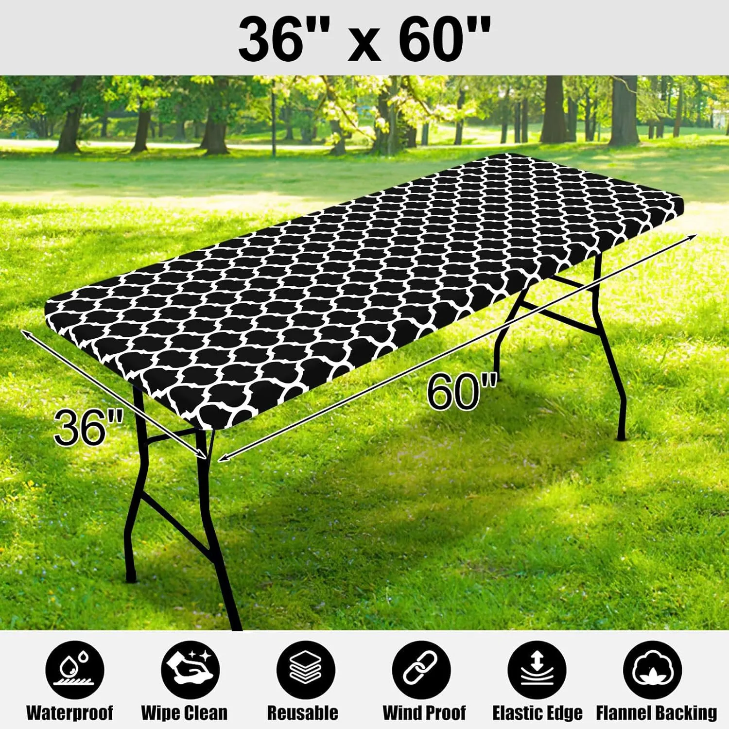 Smiry Rectangle Picnic Table Cover, Waterproof Elastic Fitted Camping Tablecloths for 5 Foot Tables, Wipeable Flannel Backed Vinyl Tablecloth Protector for Indoor, Outdoor (Black, 36x60 Inches)