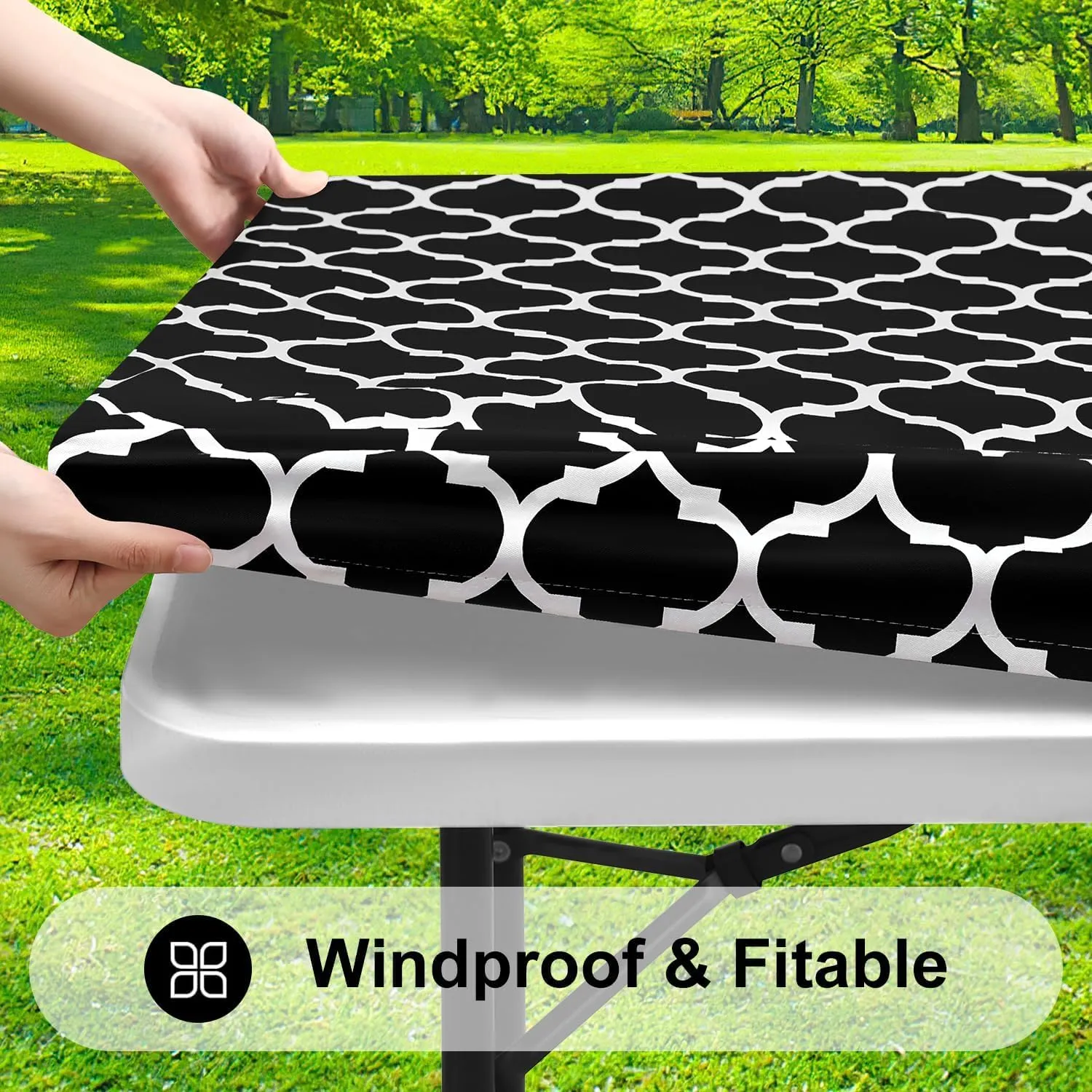 Smiry Rectangle Picnic Table Cover, Waterproof Elastic Fitted Camping Tablecloths for 5 Foot Tables, Wipeable Flannel Backed Vinyl Tablecloth Protector for Indoor, Outdoor (Black, 36x60 Inches)