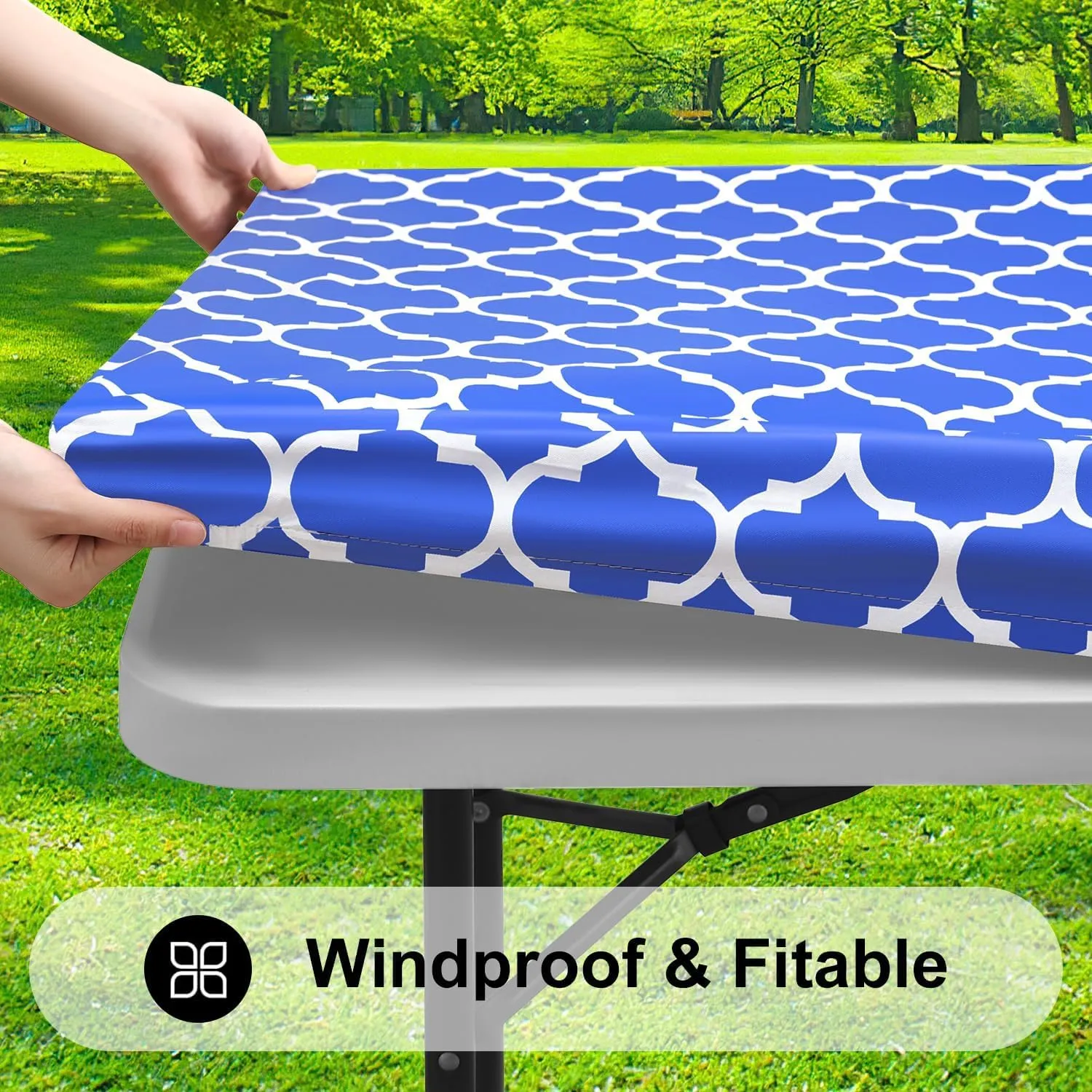 Smiry Rectangle Picnic Table Cover, Waterproof Elastic Fitted Camping Tablecloths for 5 Foot Tables, Wipeable Flannel Backed Vinyl Tablecloth Protector for Indoor, Outdoor (Blue, 36x60 Inches)