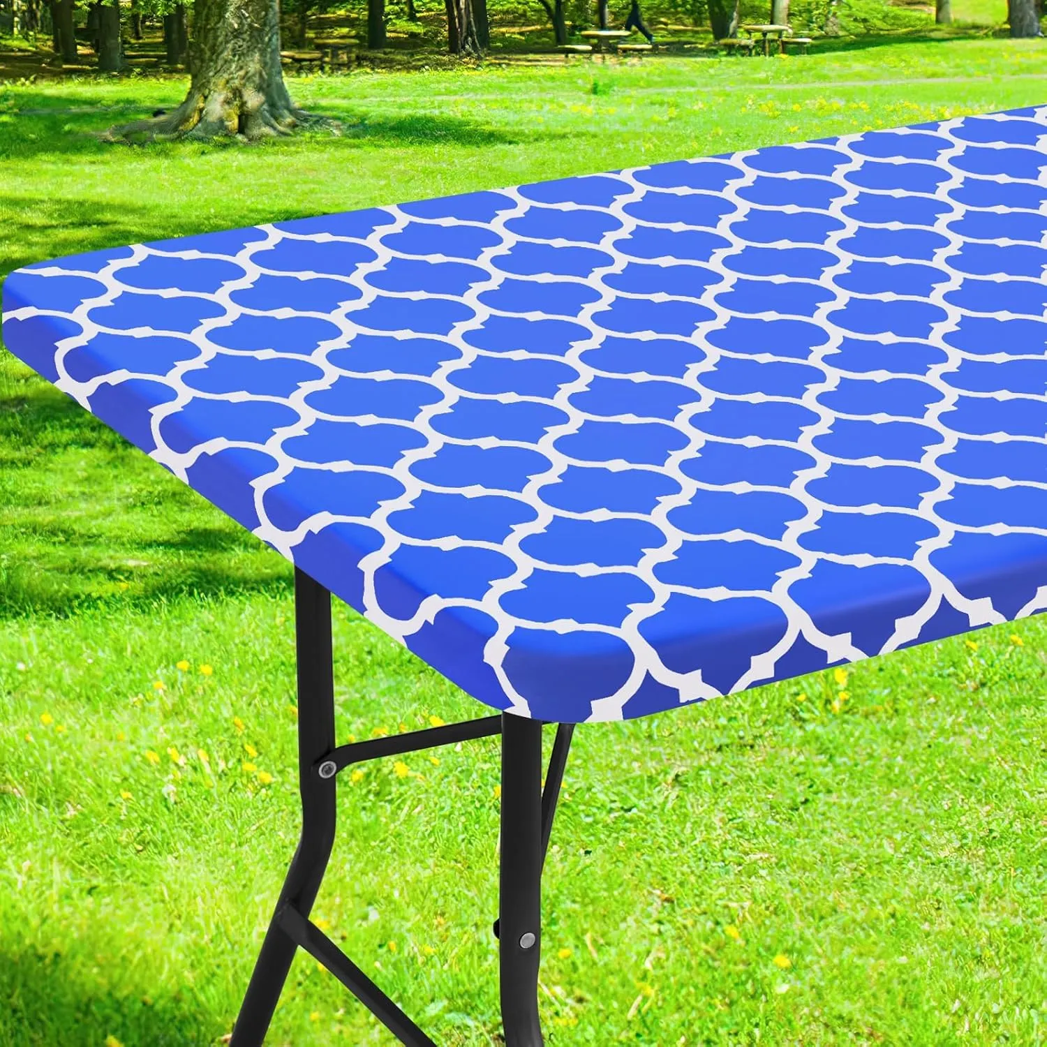 Smiry Rectangle Picnic Table Cover, Waterproof Elastic Fitted Camping Tablecloths for 5 Foot Tables, Wipeable Flannel Backed Vinyl Tablecloth Protector for Indoor, Outdoor (Blue, 36x60 Inches)
