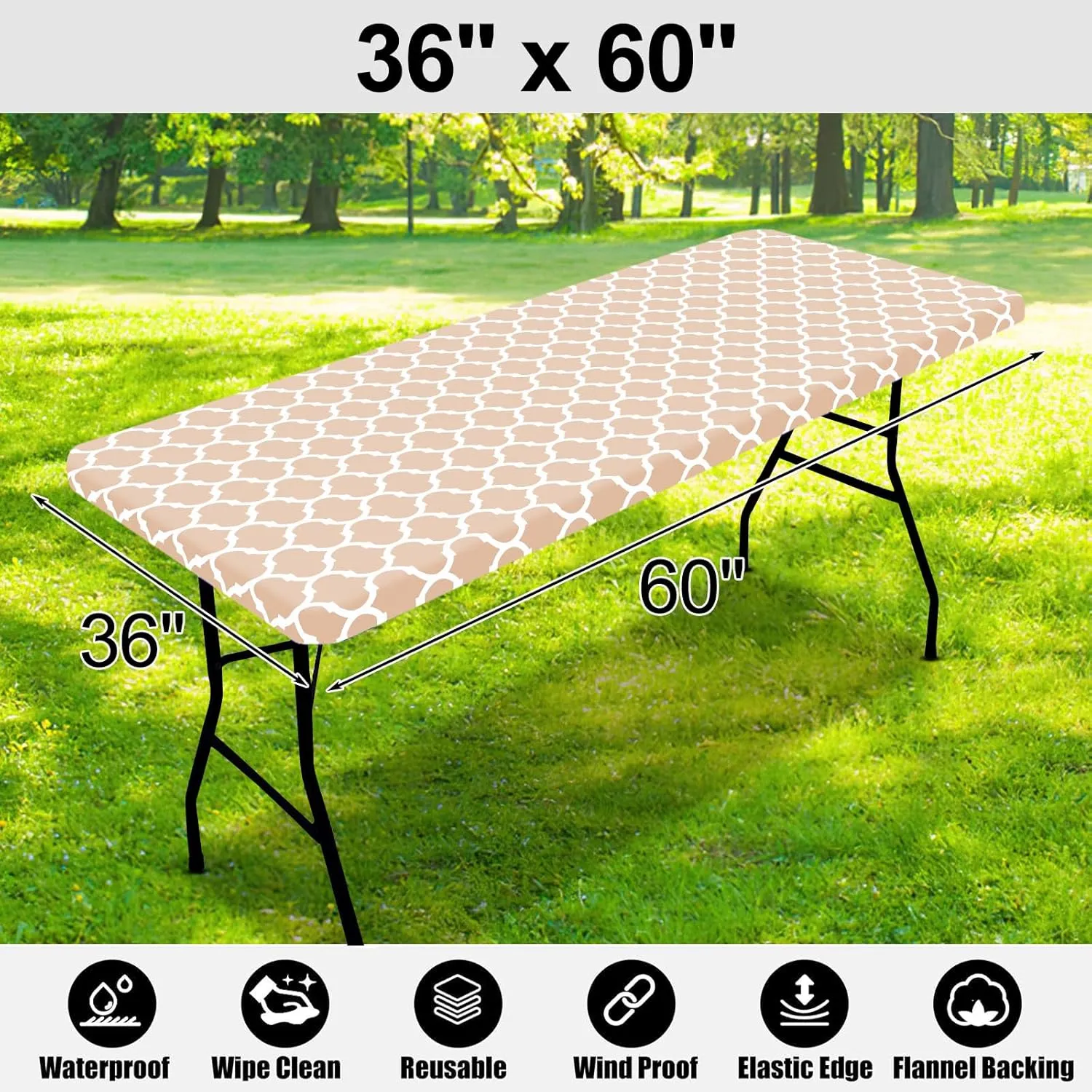 Smiry Rectangle Picnic Table Cover, Waterproof Elastic Fitted Camping Tablecloths for 5 Foot Tables, Wipeable Flannel Backed Vinyl Tablecloth Protector for Indoor, Outdoor (Khaki, 36x60 Inches)