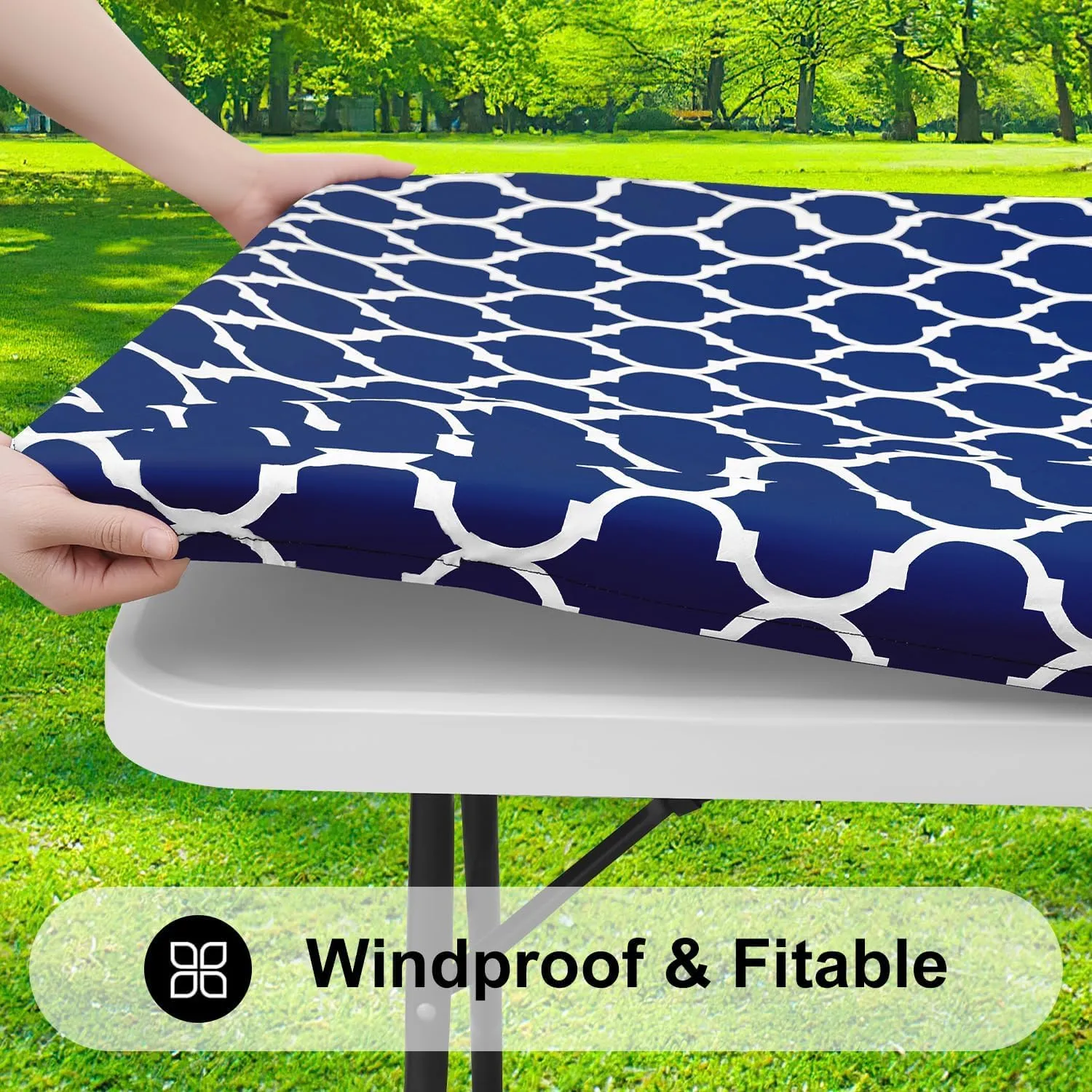 Smiry Rectangle Picnic Table Cover, Waterproof Elastic Fitted Camping Tablecloths for 5 Foot Tables, Wipeable Flannel Backed Vinyl Tablecloth Protector for Indoor, Outdoor (Navy, 36x60 Inches)