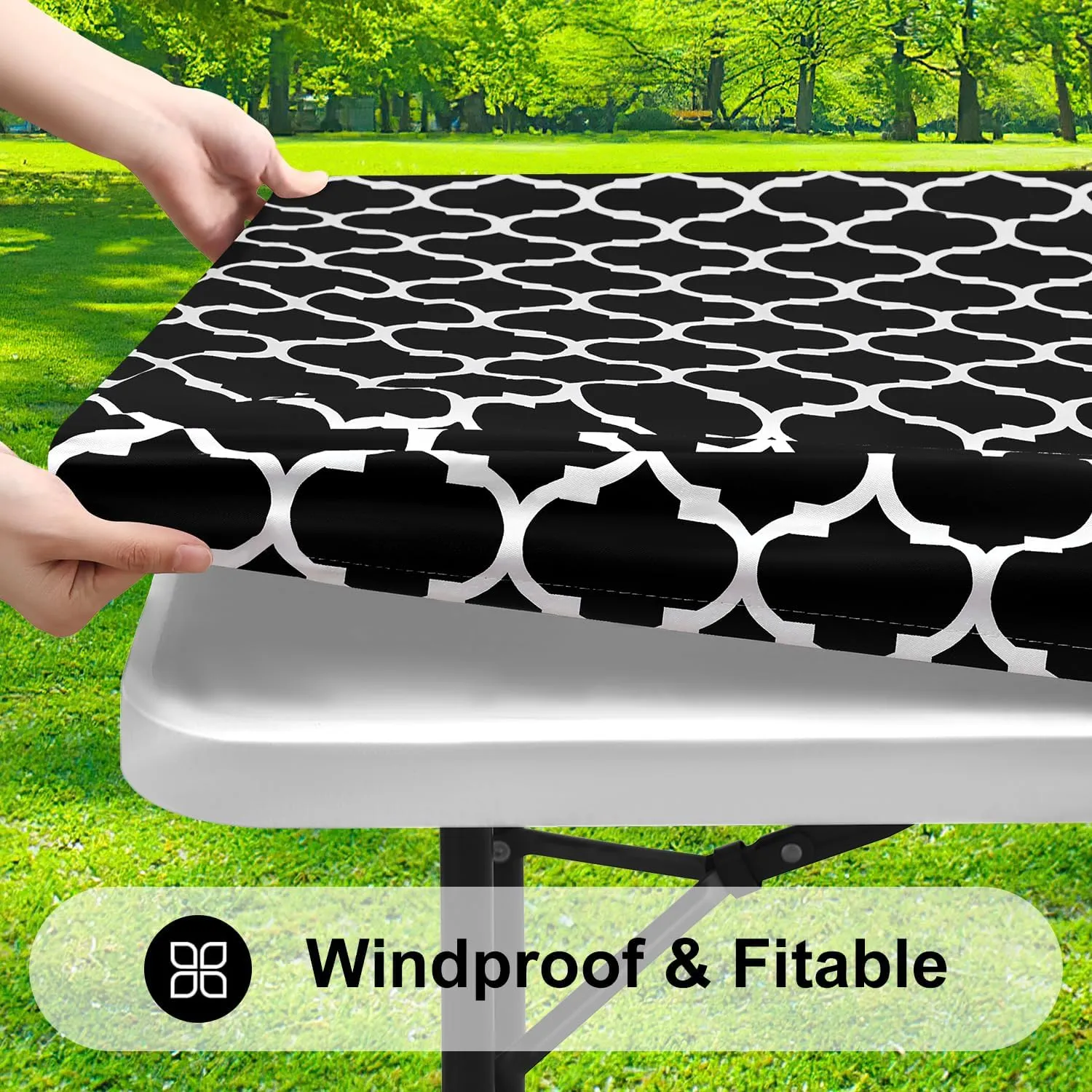 Smiry Rectangle Picnic Table Cover, Waterproof Elastic Fitted Camping Tablecloths for 6 Foot Tables, Wipeable Flannel Backed Vinyl Tablecloth Protector for Indoor, Outdoor (Black, 30x72 Inches)