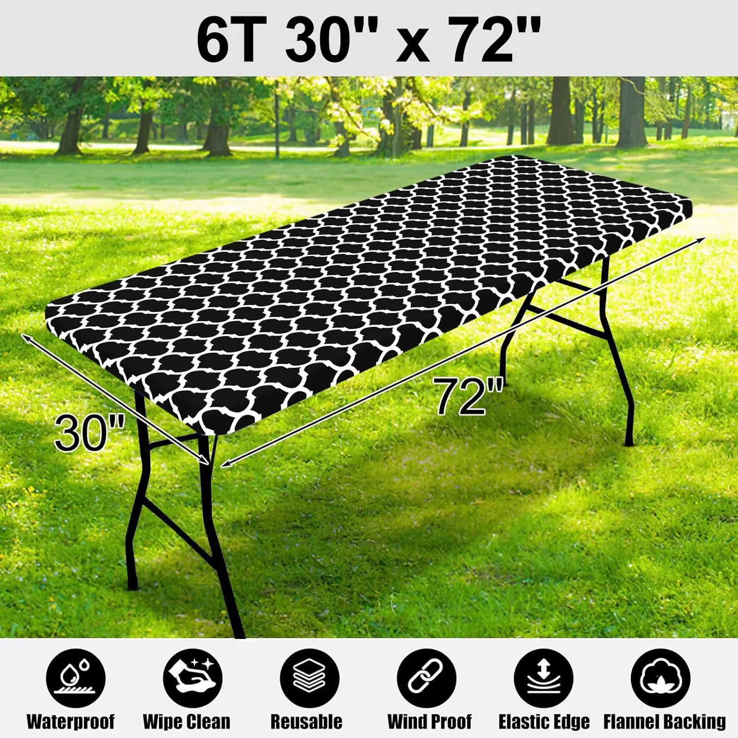 Smiry Rectangle Picnic Table Cover, Waterproof Elastic Fitted Camping Tablecloths for 6 Foot Tables, Wipeable Flannel Backed Vinyl Tablecloth Protector for Indoor, Outdoor (Black, 30x72 Inches)