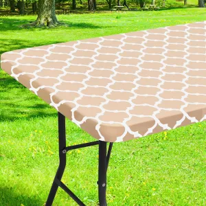 Smiry Rectangle Picnic Table Cover, Waterproof Elastic Fitted Camping Tablecloths for 6 Foot Tables, Wipeable Flannel Backed Vinyl Tablecloth Protector for Indoor, Outdoor (Khaki, 30x72 Inches)