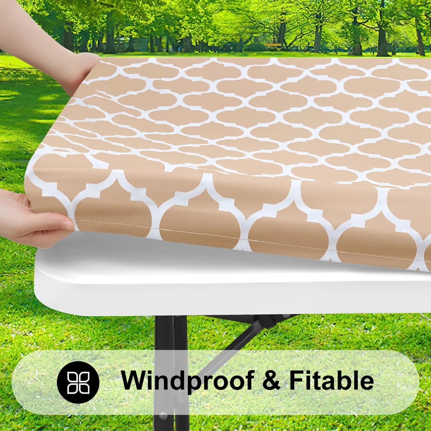 Smiry Rectangle Picnic Table Cover, Waterproof Elastic Fitted Camping Tablecloths for 6 Foot Tables, Wipeable Flannel Backed Vinyl Tablecloth Protector for Indoor, Outdoor (Khaki, 30x72 Inches)