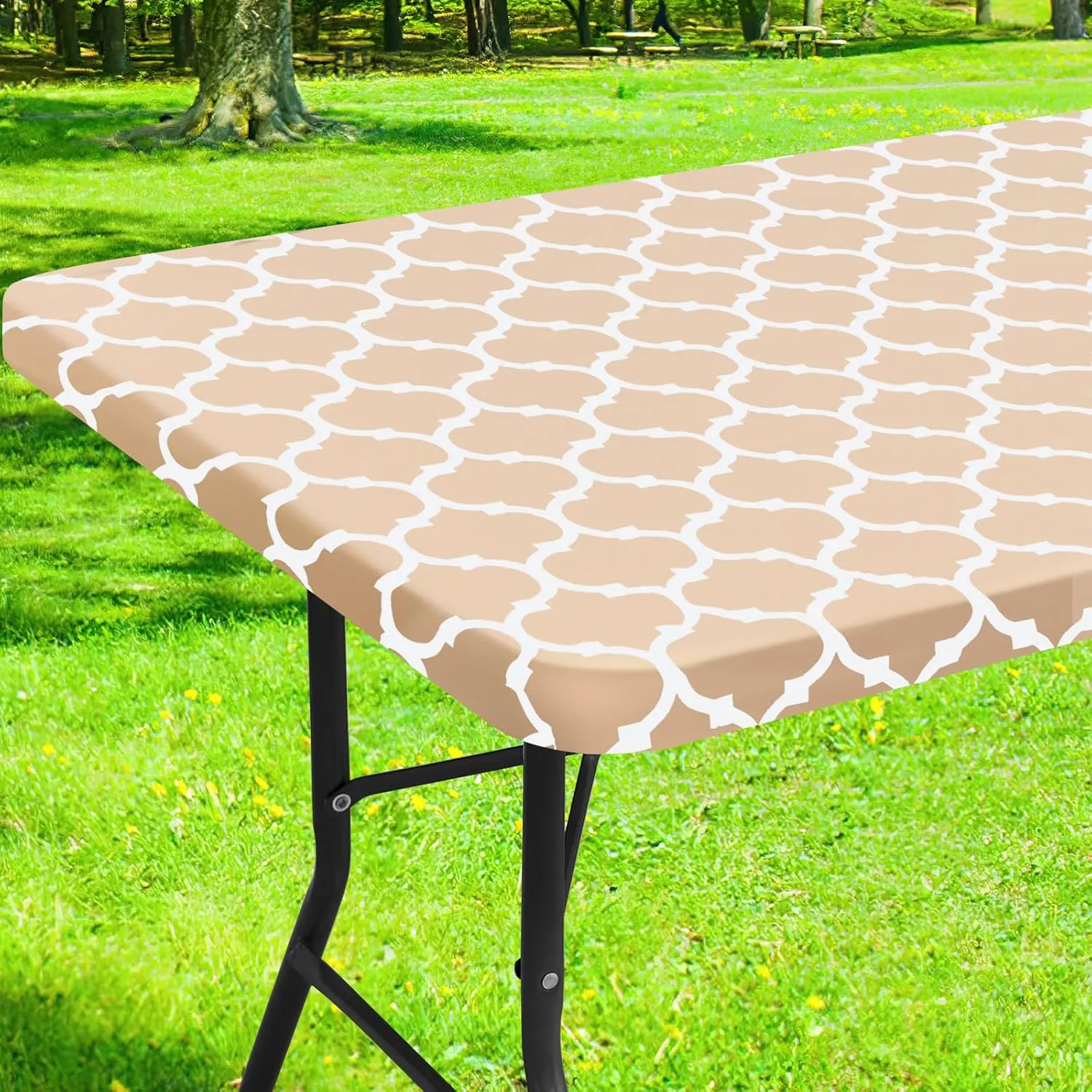 Smiry Rectangle Picnic Table Cover, Waterproof Elastic Fitted Camping Tablecloths for 6 Foot Tables, Wipeable Flannel Backed Vinyl Tablecloth Protector for Indoor, Outdoor (Khaki, 30x72 Inches)