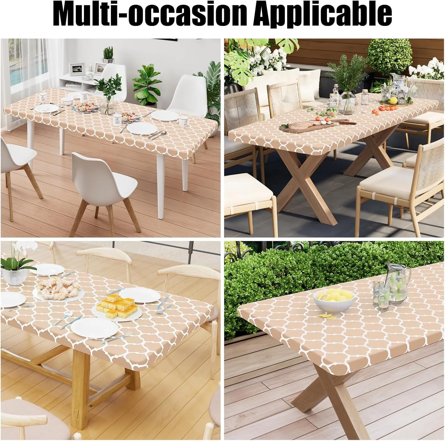Smiry Rectangle Picnic Table Cover, Waterproof Elastic Fitted Camping Tablecloths for 6 Foot Tables, Wipeable Flannel Backed Vinyl Tablecloth Protector for Indoor, Outdoor (Khaki, 30x72 Inches)