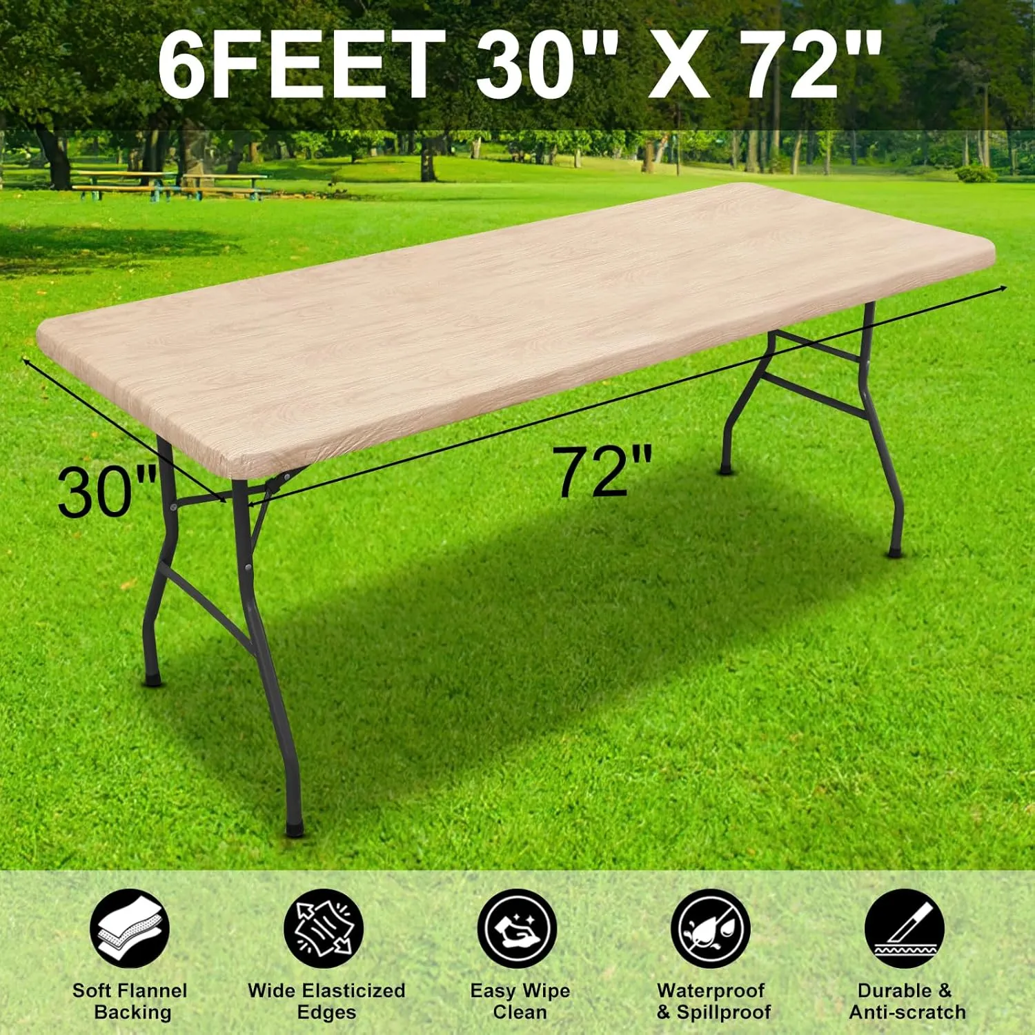 Smiry Rectangle Picnic Table Cover, Waterproof Elastic Fitted Vinyl Tablecloth for 6 Foot Tables, Wipeable Flannel Backed Camping Tablecloths Protector for Indoor, Outdoor (Beige, 30x72 Inches)