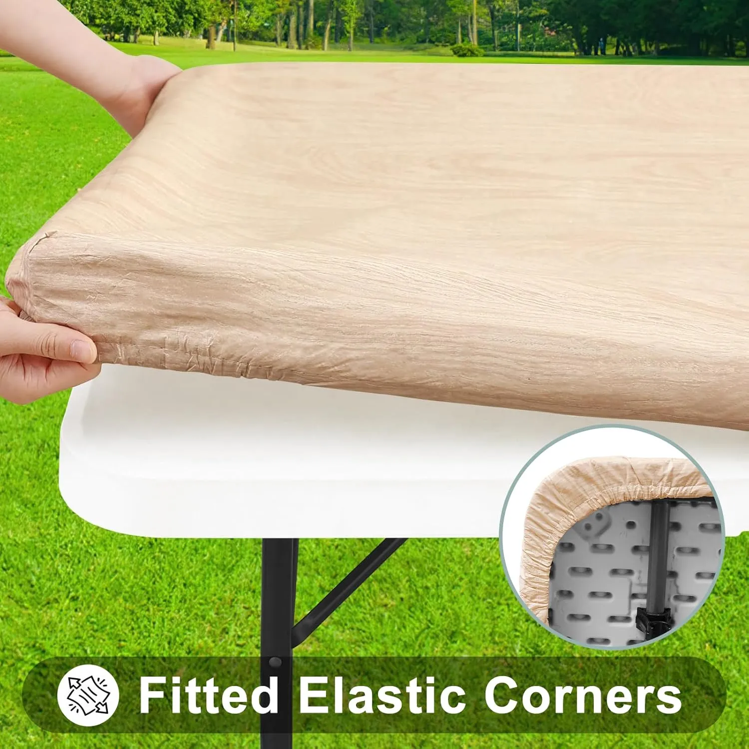 Smiry Rectangle Picnic Table Cover, Waterproof Elastic Fitted Vinyl Tablecloth for 6 Foot Tables, Wipeable Flannel Backed Camping Tablecloths Protector for Indoor, Outdoor (Beige, 30x72 Inches)