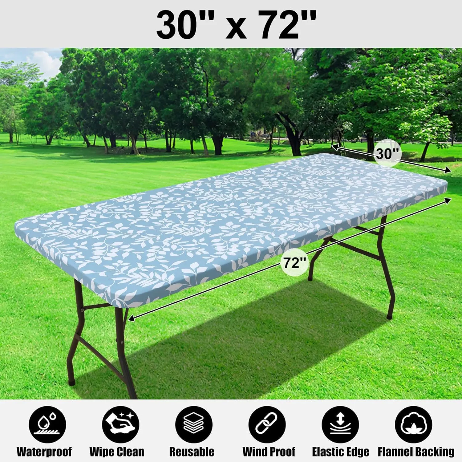 Smiry Rectangle Picnic Tablecloth, Waterproof Elastic Fitted Table Covers for 6 Foot Tables, Wipeable Flannel Backed Vinyl Tablecloths for Camping, Indoor, Outdoor (Blue Leaves, 30x72 Inches)