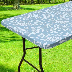 Smiry Rectangle Picnic Tablecloth, Waterproof Elastic Fitted Table Covers for 6 Foot Tables, Wipeable Flannel Backed Vinyl Tablecloths for Camping, Indoor, Outdoor (Blue Leaves, 30x72 Inches)