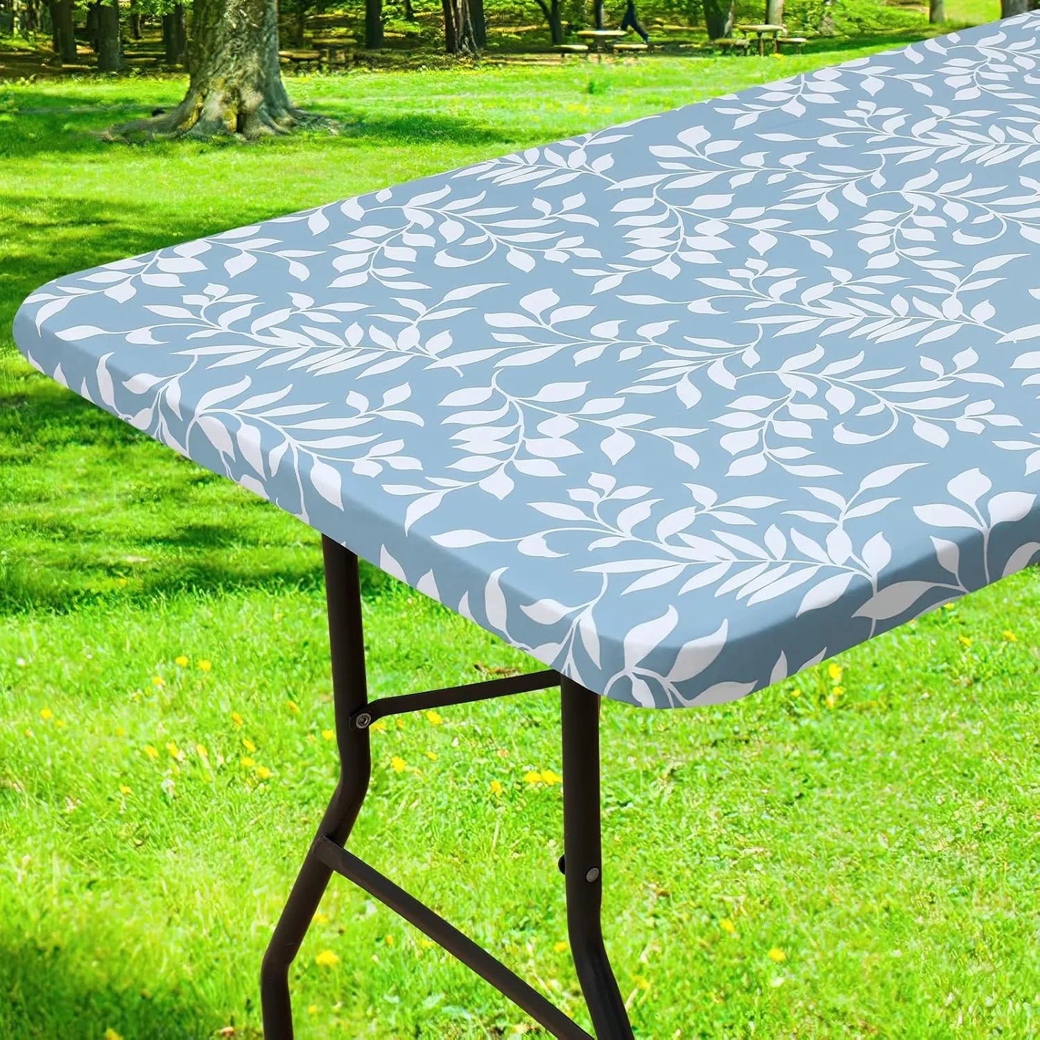 Smiry Rectangle Picnic Tablecloth, Waterproof Elastic Fitted Table Covers for 6 Foot Tables, Wipeable Flannel Backed Vinyl Tablecloths for Camping, Indoor, Outdoor (Blue Leaves, 30x72 Inches)