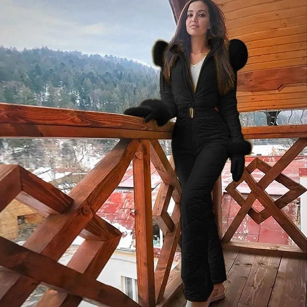 Snow Suits for Women Winter Ski Suit Fur Collar Hooded Jumpsuit Outdoor Sports Waterproof Ski Outfits Slim Romper