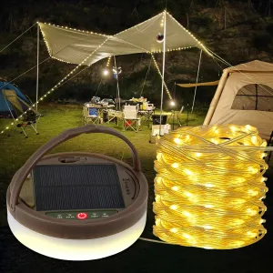 Solar Camping String Lights 32.8 Ft, Rechargeable Led Outdoor Camping Lantern, 8 Lighting Modes, Remote Control, IP44 Waterproof, Foldable Handle, Power Bank, Portable for Hiking, Yard, Deco(32.8FT)