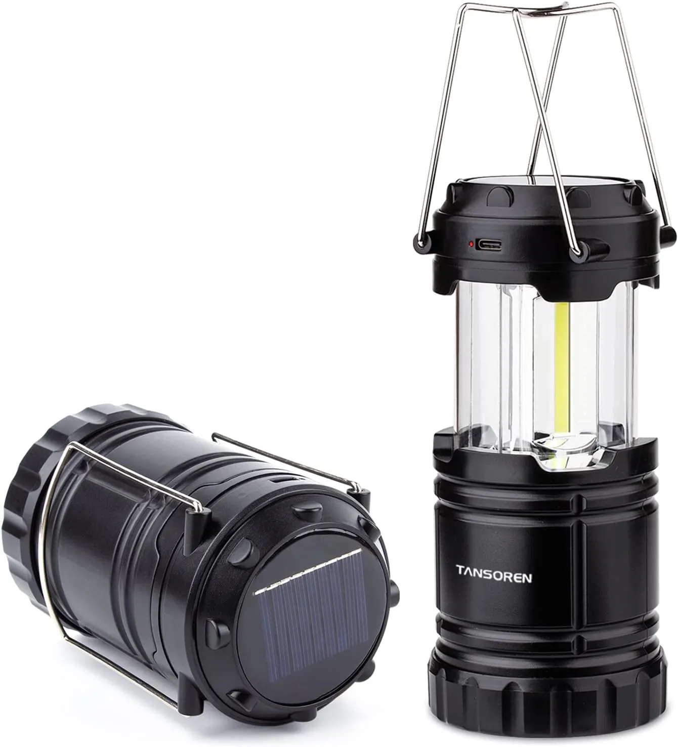 Solar USB Rechargeable COB LED 3 AA Power Camping Lantern with Magnetic Base, Charging for Android, Waterproof Collapsible Emergency LED Light(2 Pack)