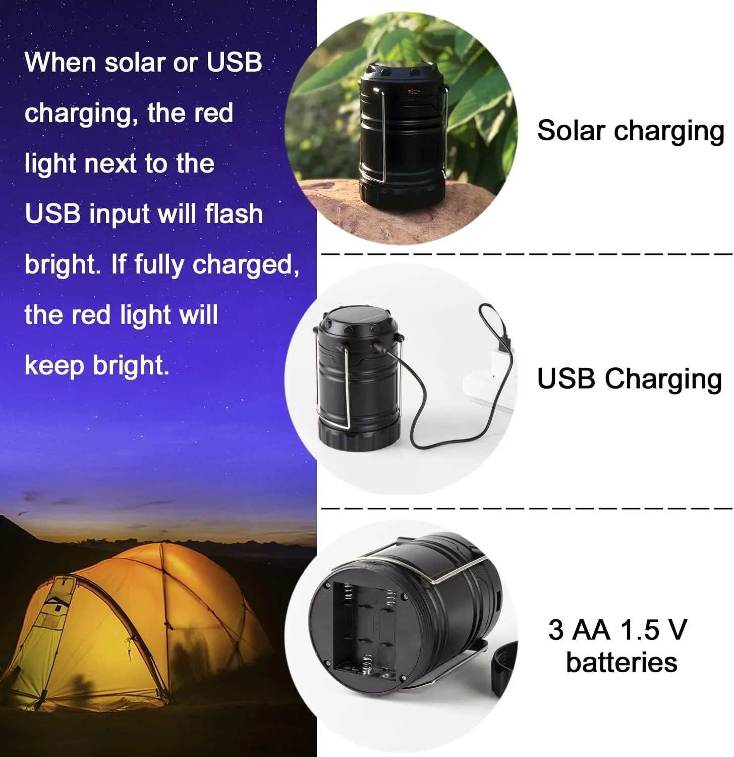 Solar USB Rechargeable COB LED 3 AA Power Camping Lantern with Magnetic Base, Charging for Android, Waterproof Collapsible Emergency LED Light(2 Pack)