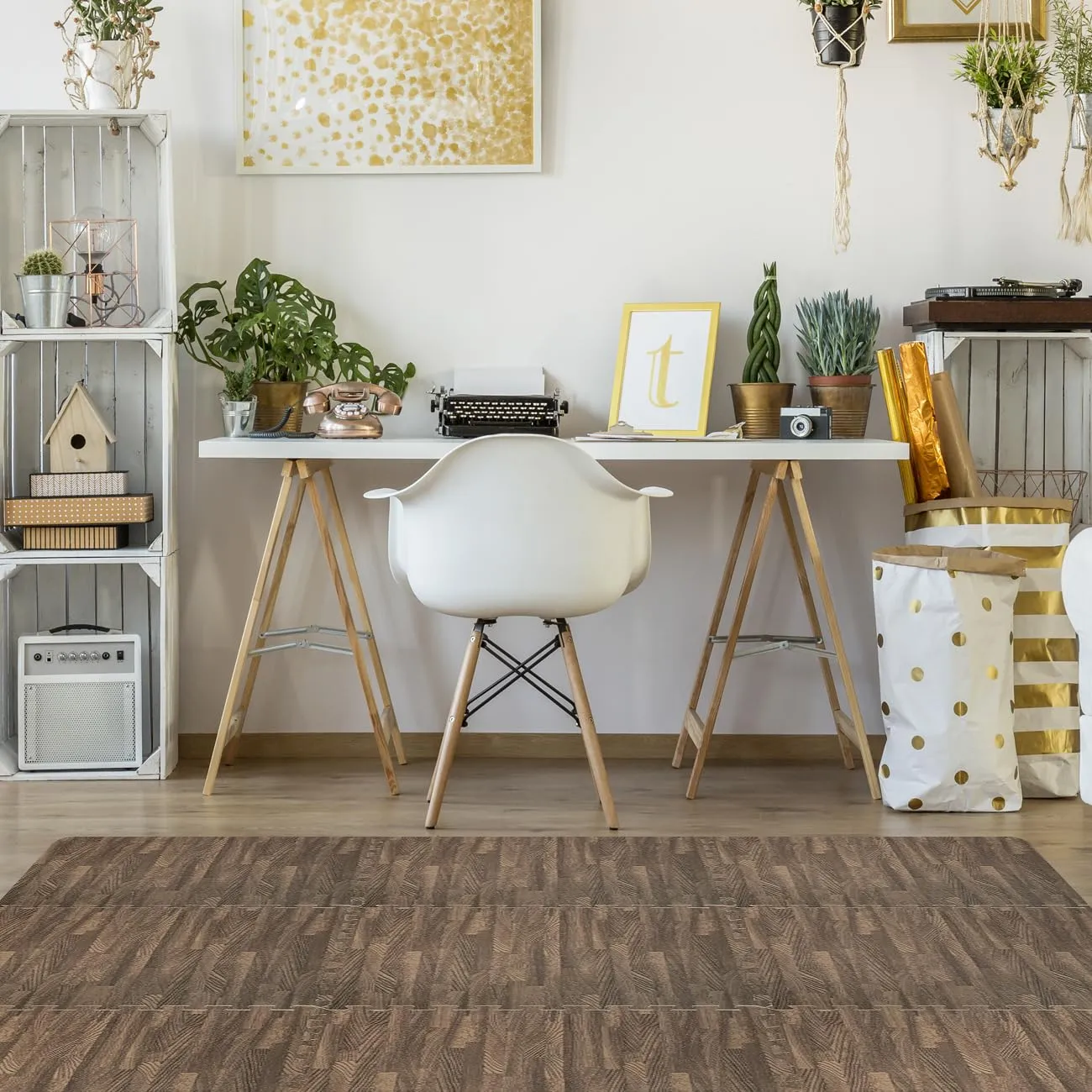 Sorbus 96 Sq. Ft. Wood Grain Floor Tiles Foam Mat EVA Interlocking Mats Tile 3/8-Inch Thick Flooring Wood Puzzle Exercise Mats w/Borders - Home Playroom Basement, Apartment, Trade Show, Baby, Dance