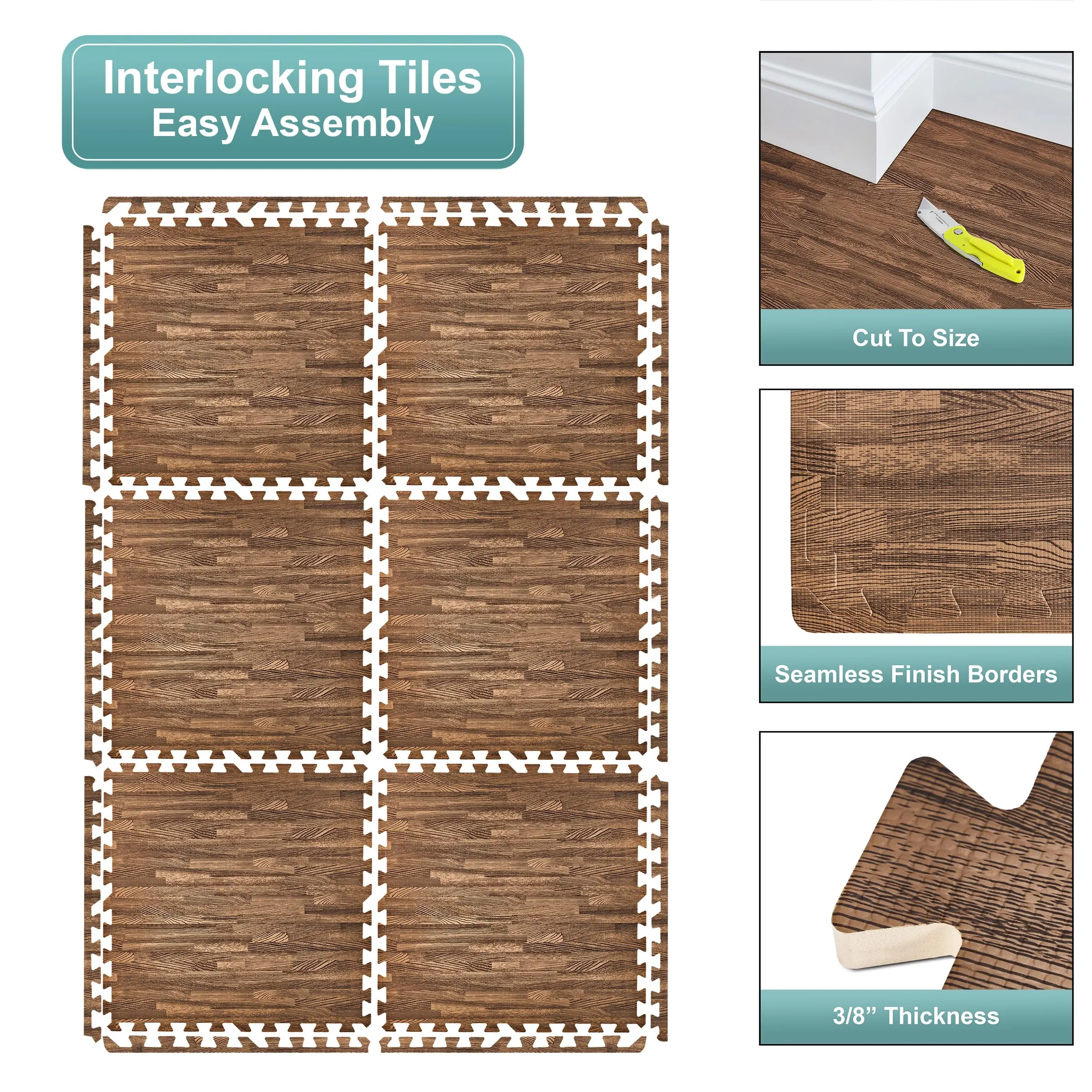 Sorbus 96 Sq. Ft. Wood Grain Floor Tiles Foam Mat EVA Interlocking Mats Tile 3/8-Inch Thick Flooring Wood Puzzle Exercise Mats w/Borders - Home Playroom Basement, Apartment, Trade Show, Baby, Dance