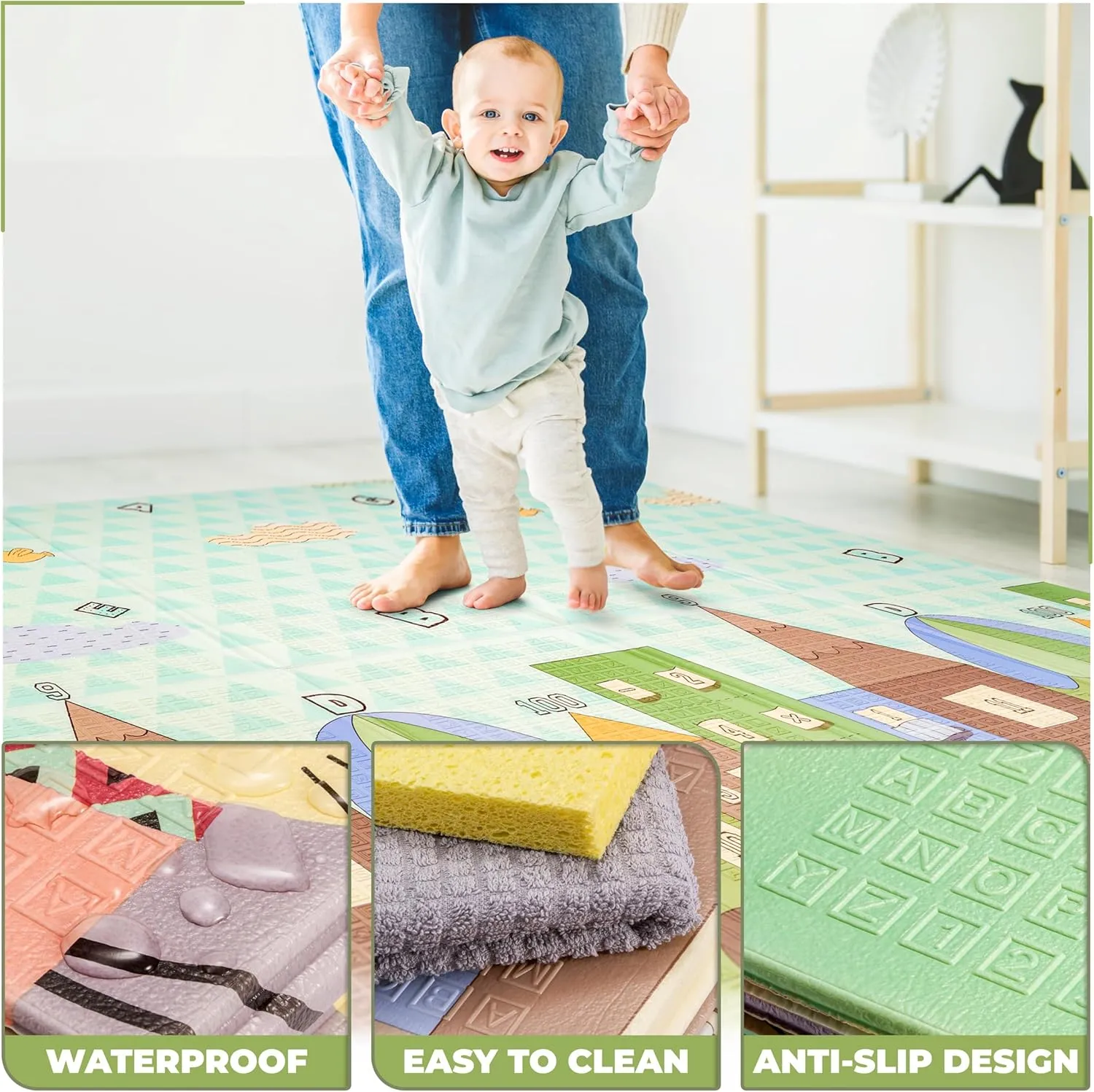Sorbus Foldable Baby Play Mat, Kids Foam Mats for Floor with Travel Bag - Waterproof Foldable Play Mats for Babies, Infants, Toddlers, and Kids Playtime & Tummy Time 78x70x0.4 (Charming Neighborhood)