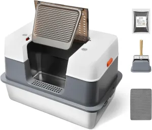 Stainless Steel Enclosed Cat Litter Box with Lid，Covered Metal Kitty Litter Box with Litter Mat and Odor Reduction Pack(2kg), Metal Scoop，Switchable Design, Easy Clean，Odor-Proof, Leak-Proof