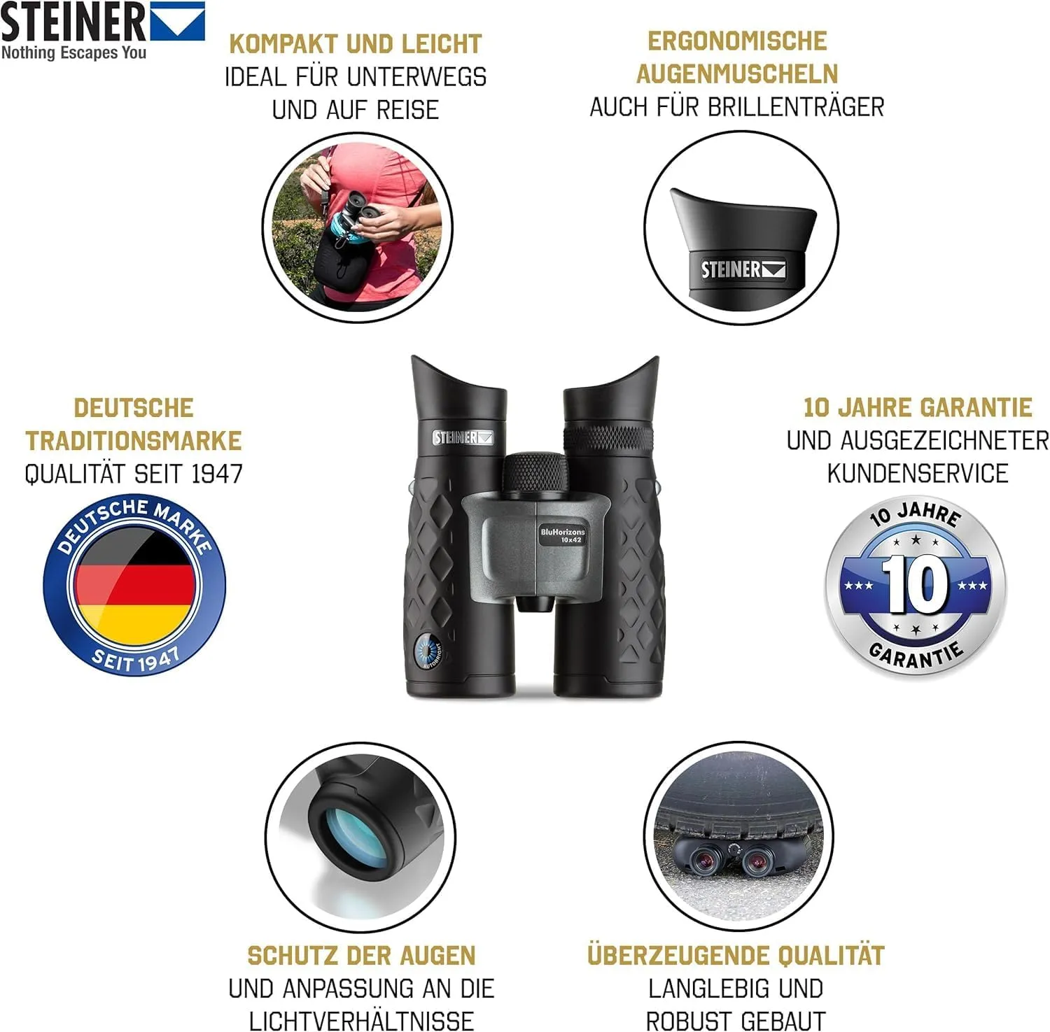 Steiner BluHorizons Binoculars - Unique Lens Technology, Eye Protection, Compact, Lightweight - Ideal for Outdoor Activities and Sporting Events