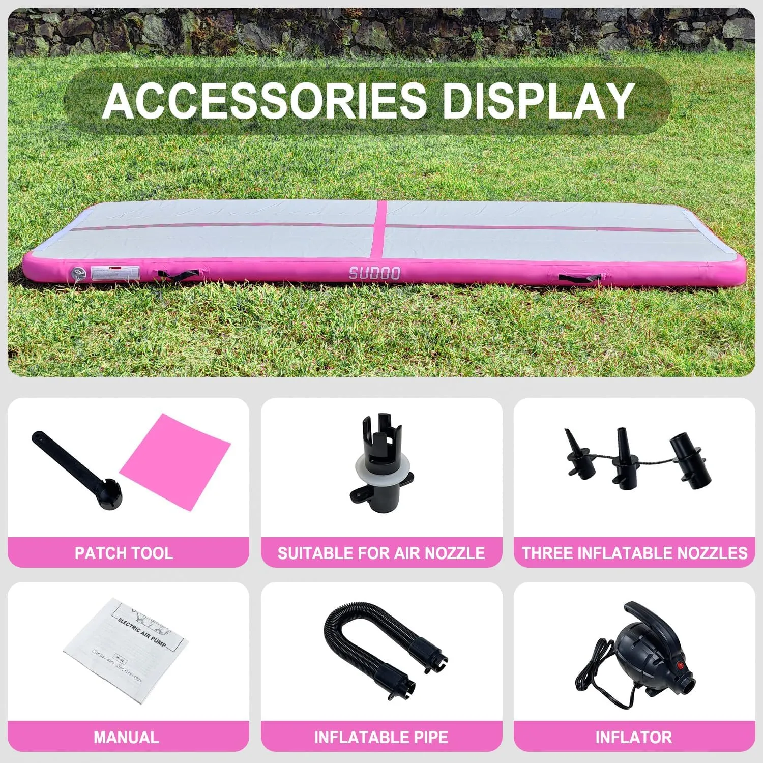 SUDOO 10ft/13ft/16ft Inflatable Gymnastics Tumbling Mat 4" Thick Air Tumble Track Training Mat with Electric Pump for Home Use/Tumble/Gym/Exercise/Training/Cheerleading/Yoga/Parkour/Beach/Park/Water