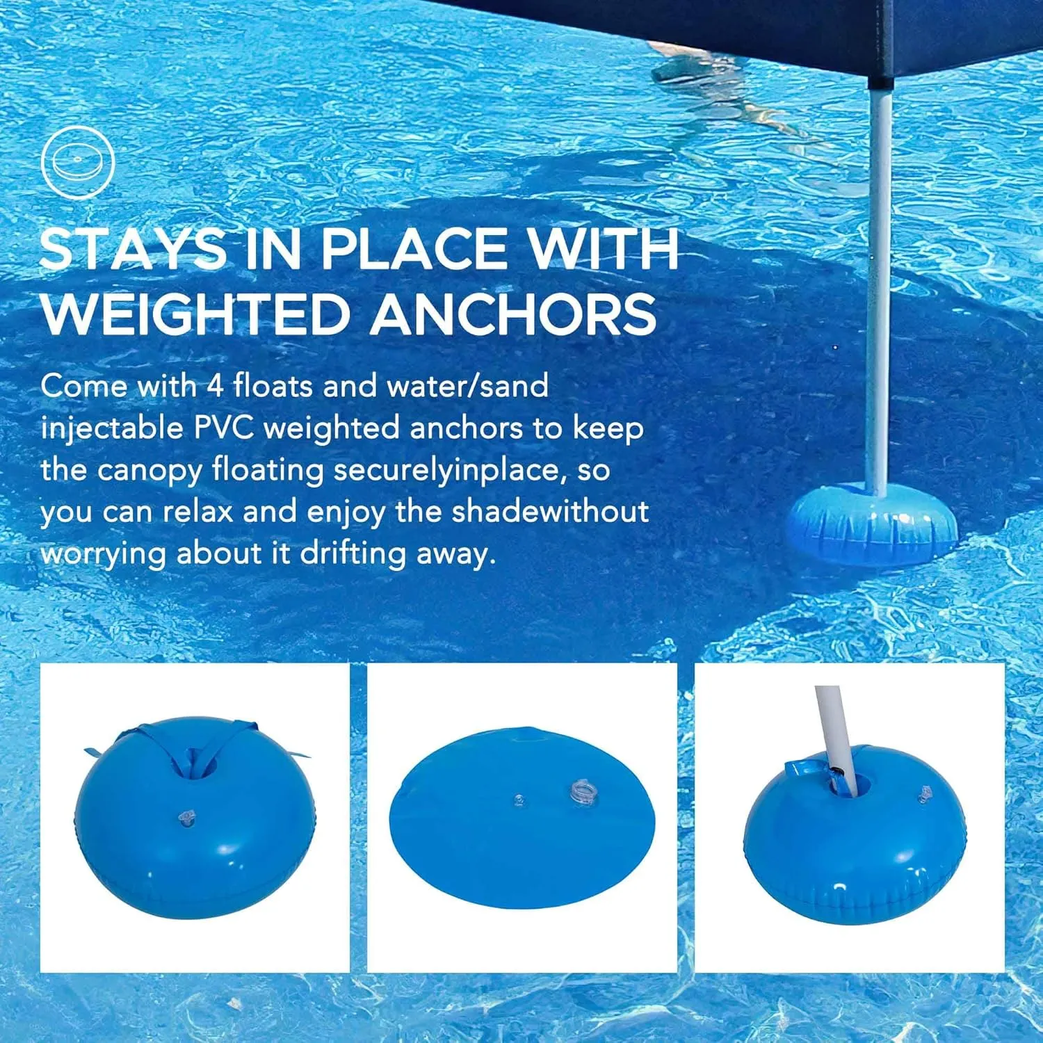 Sunjoy Floating Pool Canopy 10' × 10’ Pop Up Gazebo Navy Fabric Canopy, Steel and Aluminum Frame Floating Tent with PVC Floats, Hand Air Pump and Carry Bag