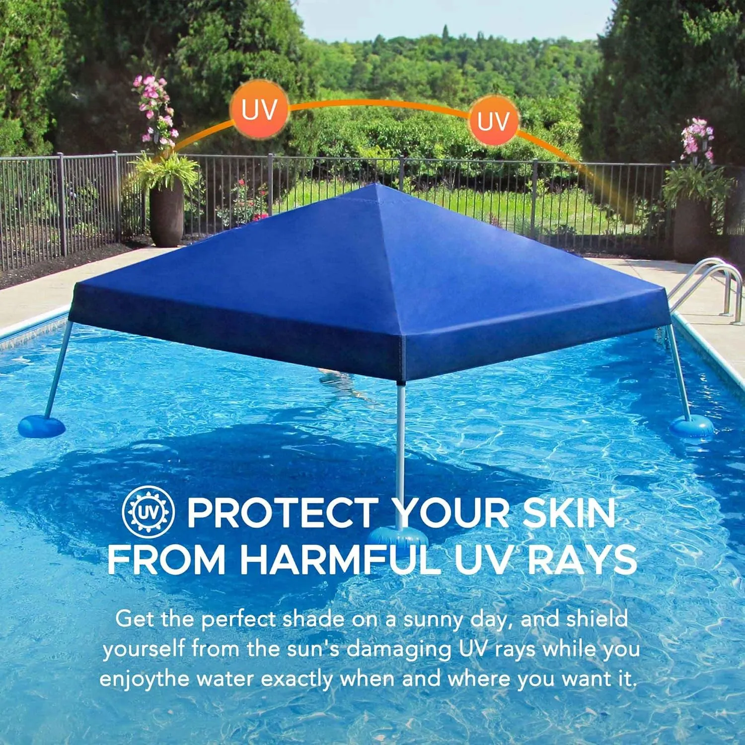 Sunjoy Floating Pool Canopy 10' × 10’ Pop Up Gazebo Navy Fabric Canopy, Steel and Aluminum Frame Floating Tent with PVC Floats, Hand Air Pump and Carry Bag