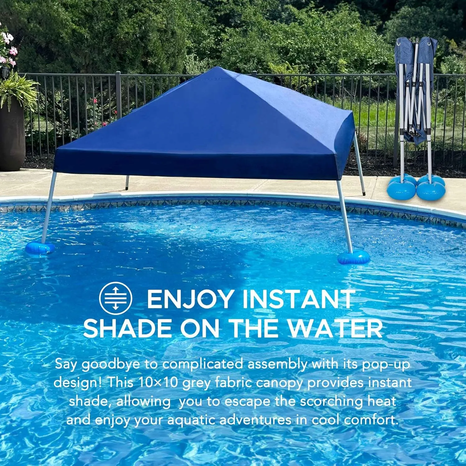 Sunjoy Floating Pool Canopy 10' × 10’ Pop Up Gazebo Navy Fabric Canopy, Steel and Aluminum Frame Floating Tent with PVC Floats, Hand Air Pump and Carry Bag