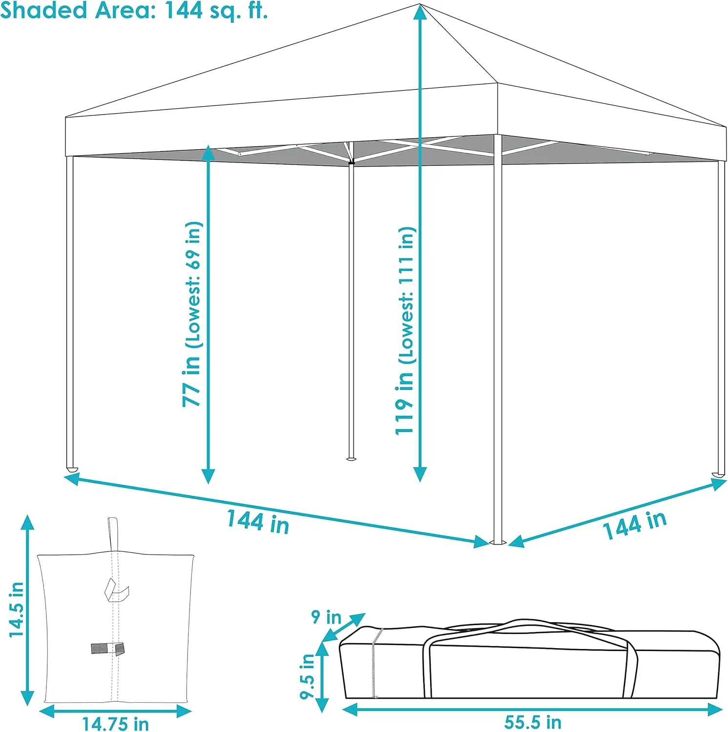 Sunnydaze 12 x 12 Foot Standard Pop-Up Canopy with Rolling Carry Bag - Portable Straight Leg Folding Shade Shelter - Gray