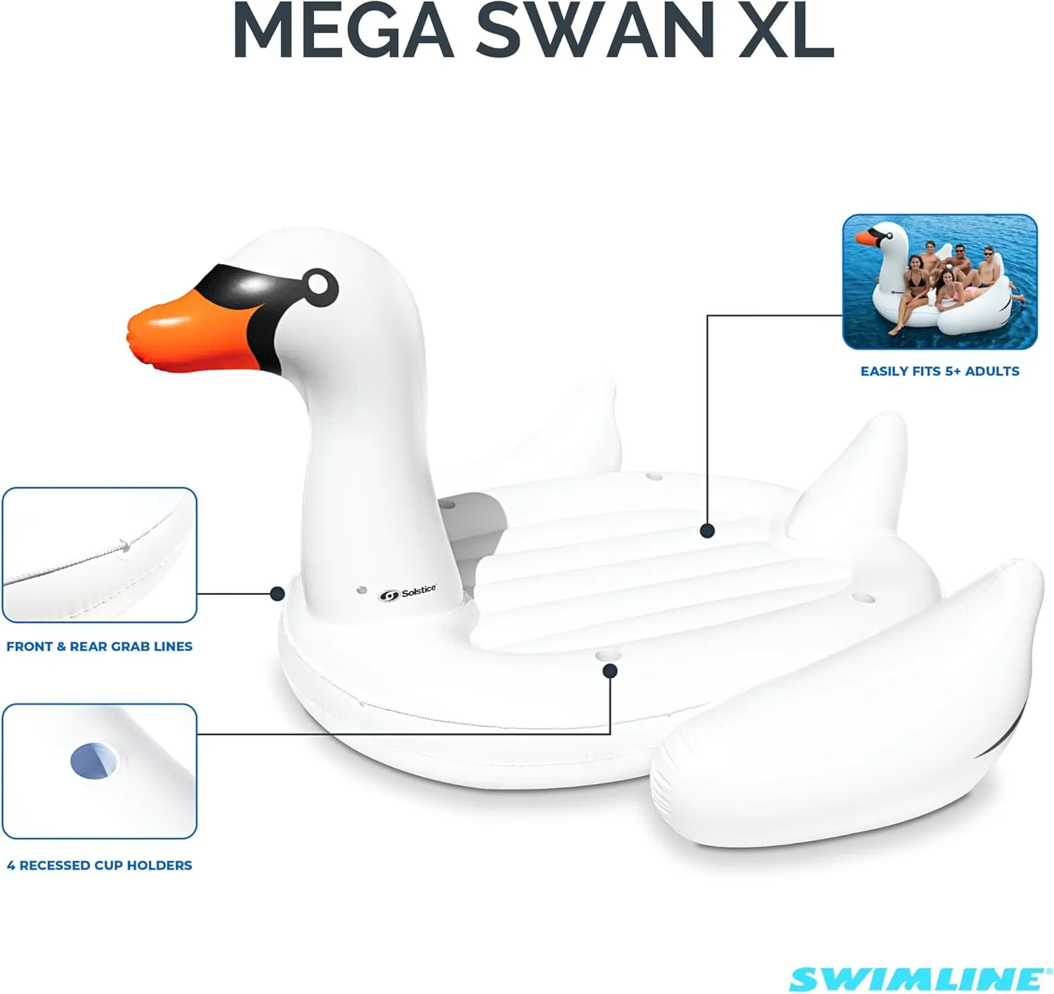 SWIMLINE ORIGINAL 19671 Double Inflatable Swan Pool Float Floatie Ride-On Lounge W/ Stable Legs Wings Large Rideable Blow Up Summer Beach Swimming Party Lounge Big Raft Tube Decoration