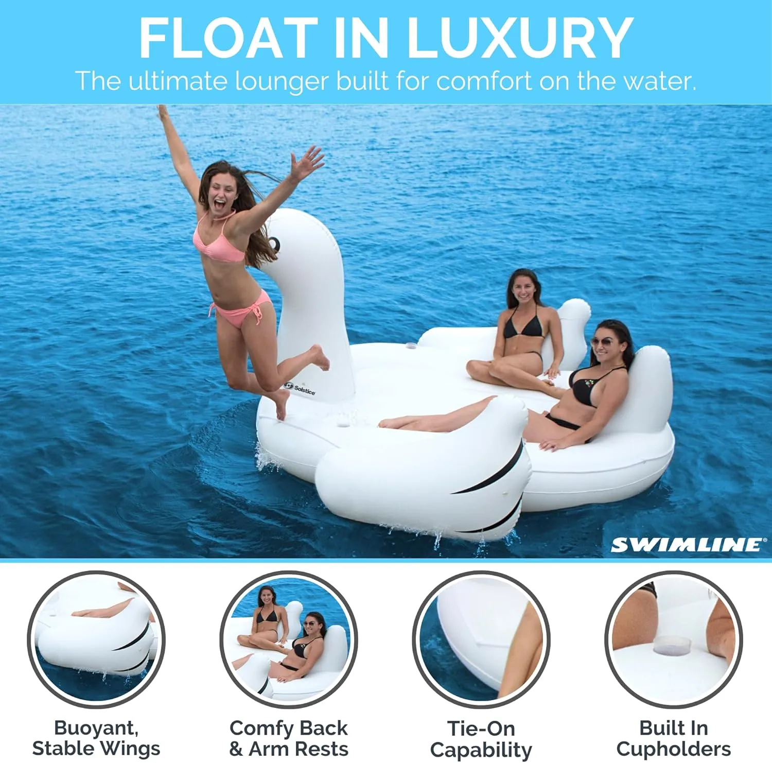 SWIMLINE ORIGINAL 19671 Double Inflatable Swan Pool Float Floatie Ride-On Lounge W/ Stable Legs Wings Large Rideable Blow Up Summer Beach Swimming Party Lounge Big Raft Tube Decoration