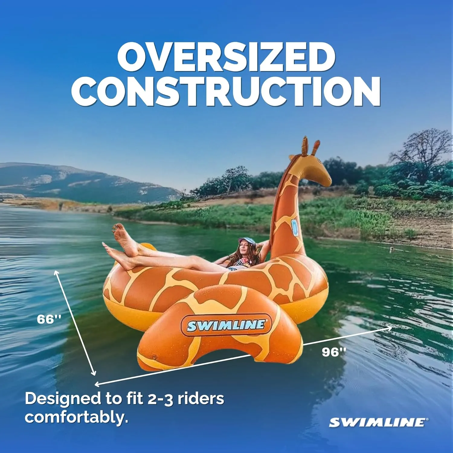 SWIMLINE ORIGINAL 90710 Giant Inflatable Giraffe Pool Float Floatie Ride-On Lounge W/ Stable Legs Wings Large Rideable Blow Up Summer Beach Swimming Party Lounge Big Raft Tube Decoration Toys Kids